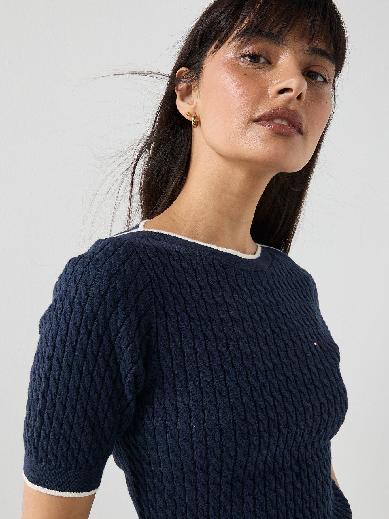 Image 4 of 4 of Tommy Hilfiger Cable Knit Boat Neck Short Sleeve Jumper - Blue