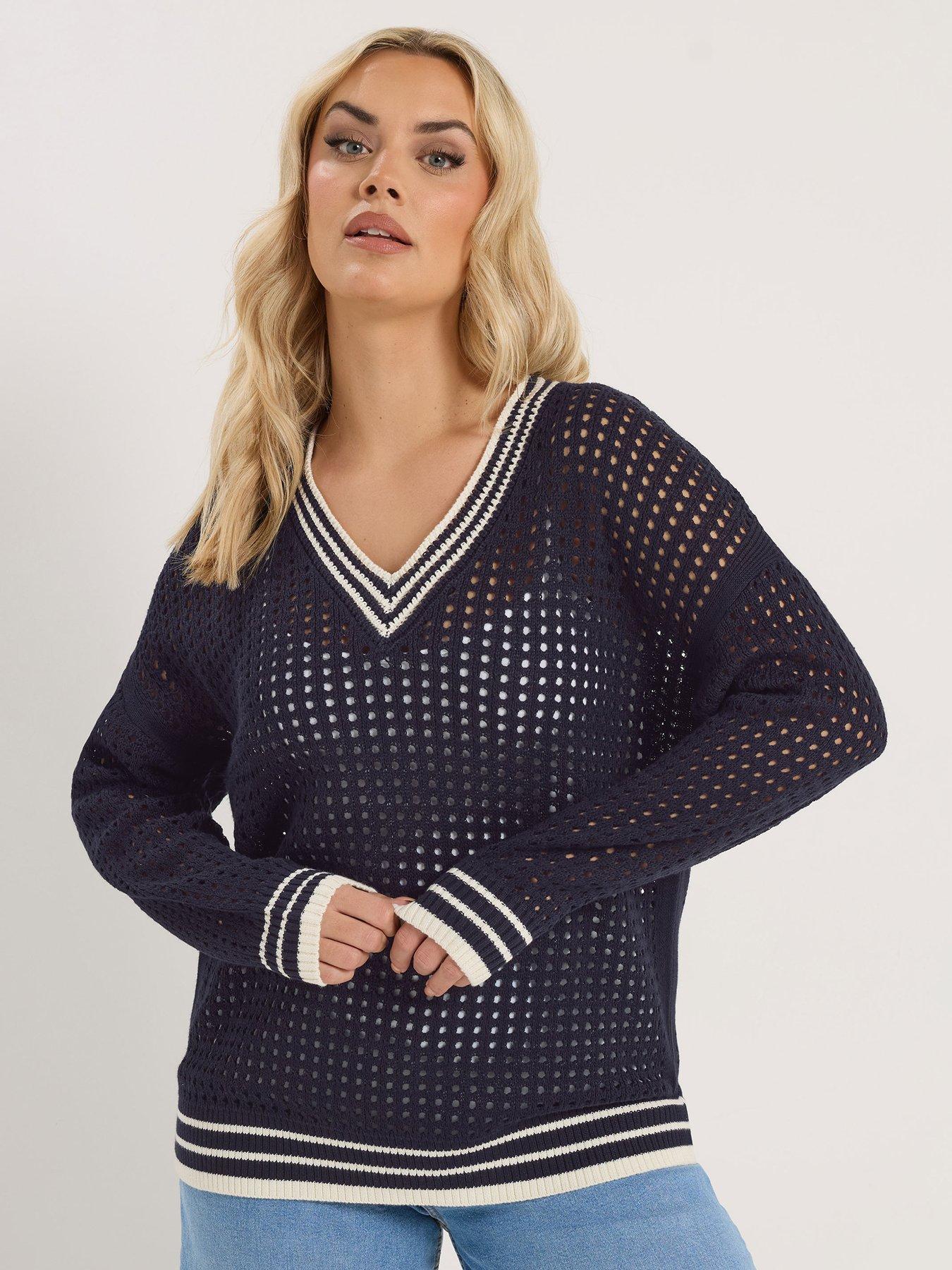 Yours Curve Open Stitch V-Neck Jumper - Blue
