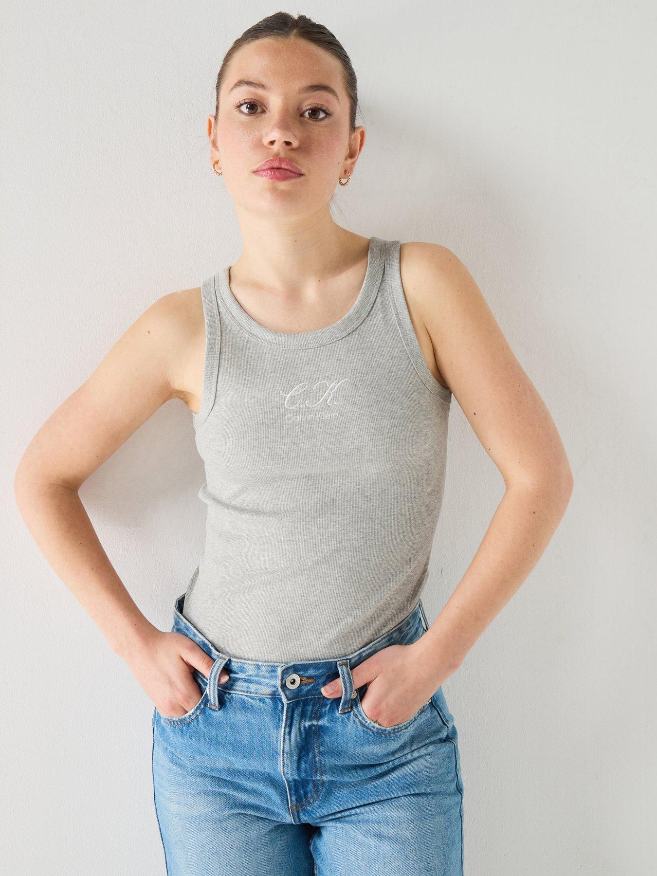 Image 1 of 6 of Calvin Klein Jeans Jeans Embroidered Ck Logo Rib Tank Top - Grey