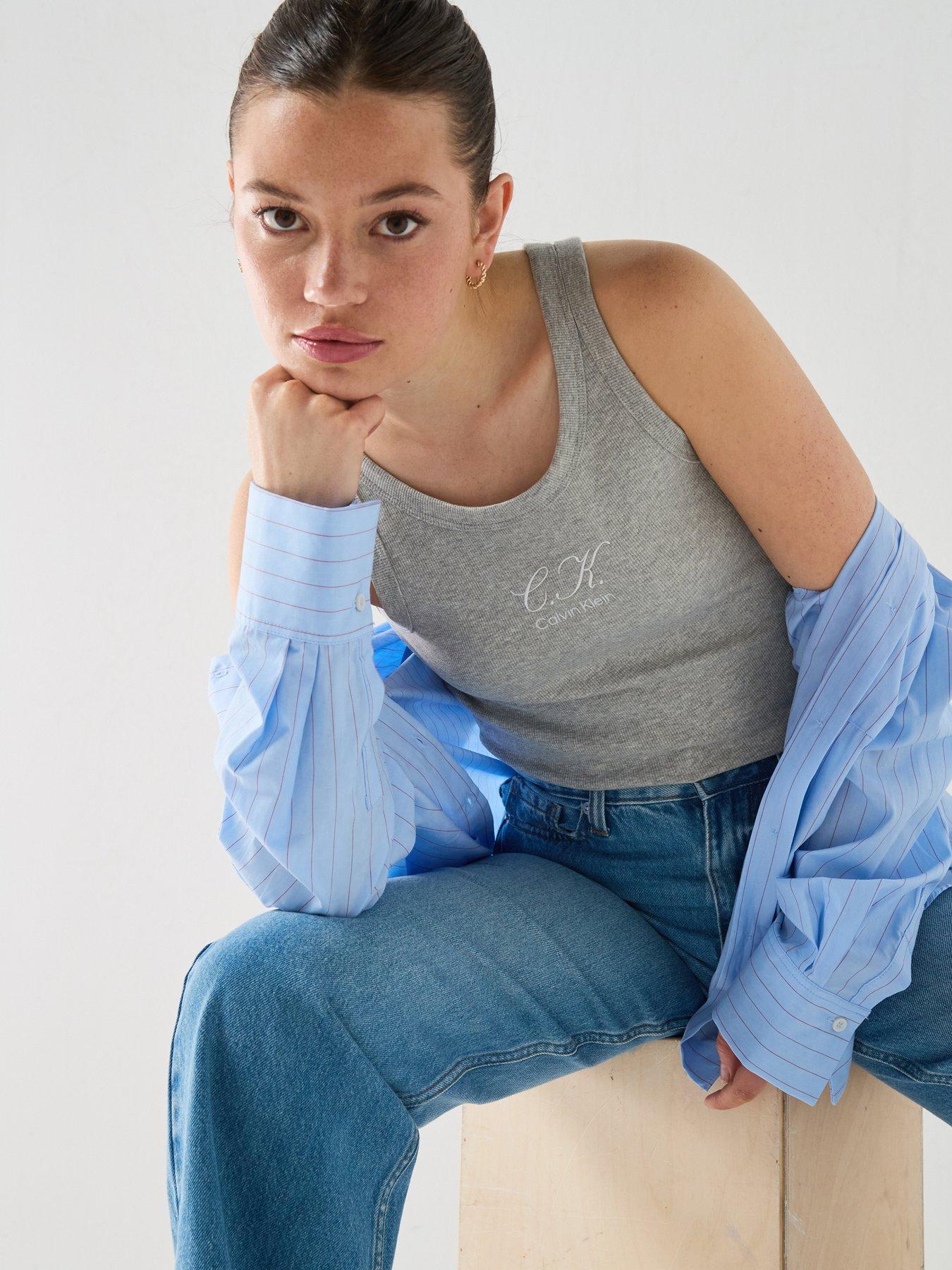 Image 6 of 6 of Calvin Klein Jeans Jeans Embroidered Ck Logo Rib Tank Top - Grey