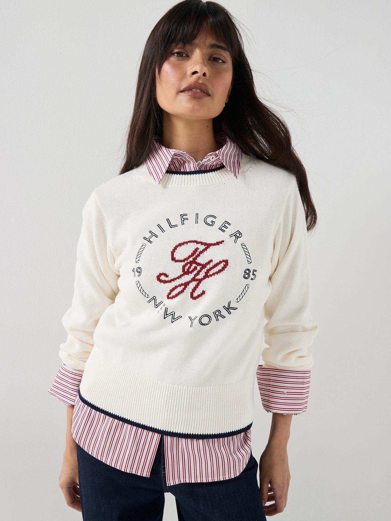 Tommy Hilfiger Logo Embroidery Relaxed Crew Neck Jumper - Cream