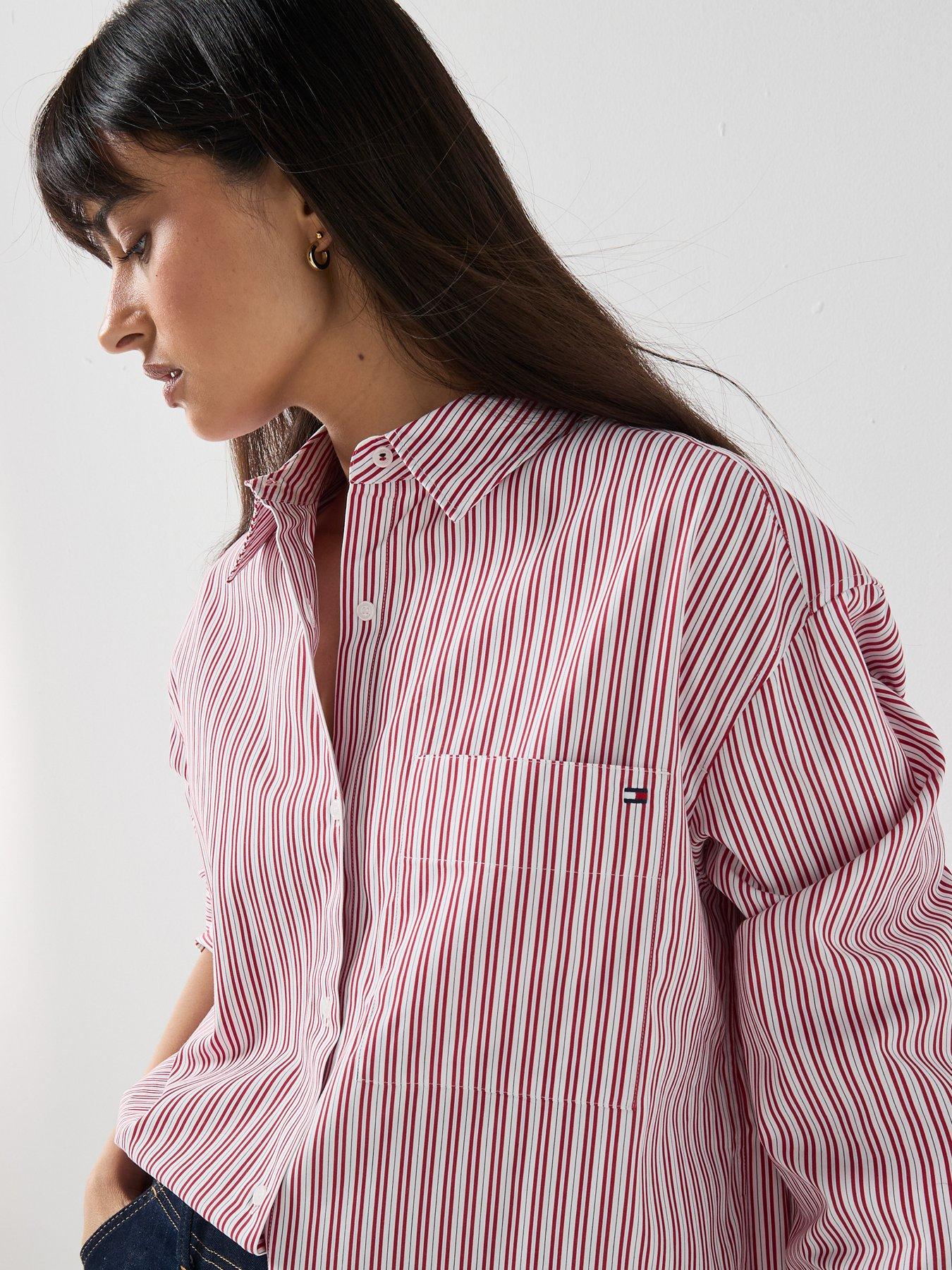 Image 4 of 5 of Tommy Hilfiger Oversized Fit Flag Embroidery Poplin Shirt - Rwb Summer Stripe