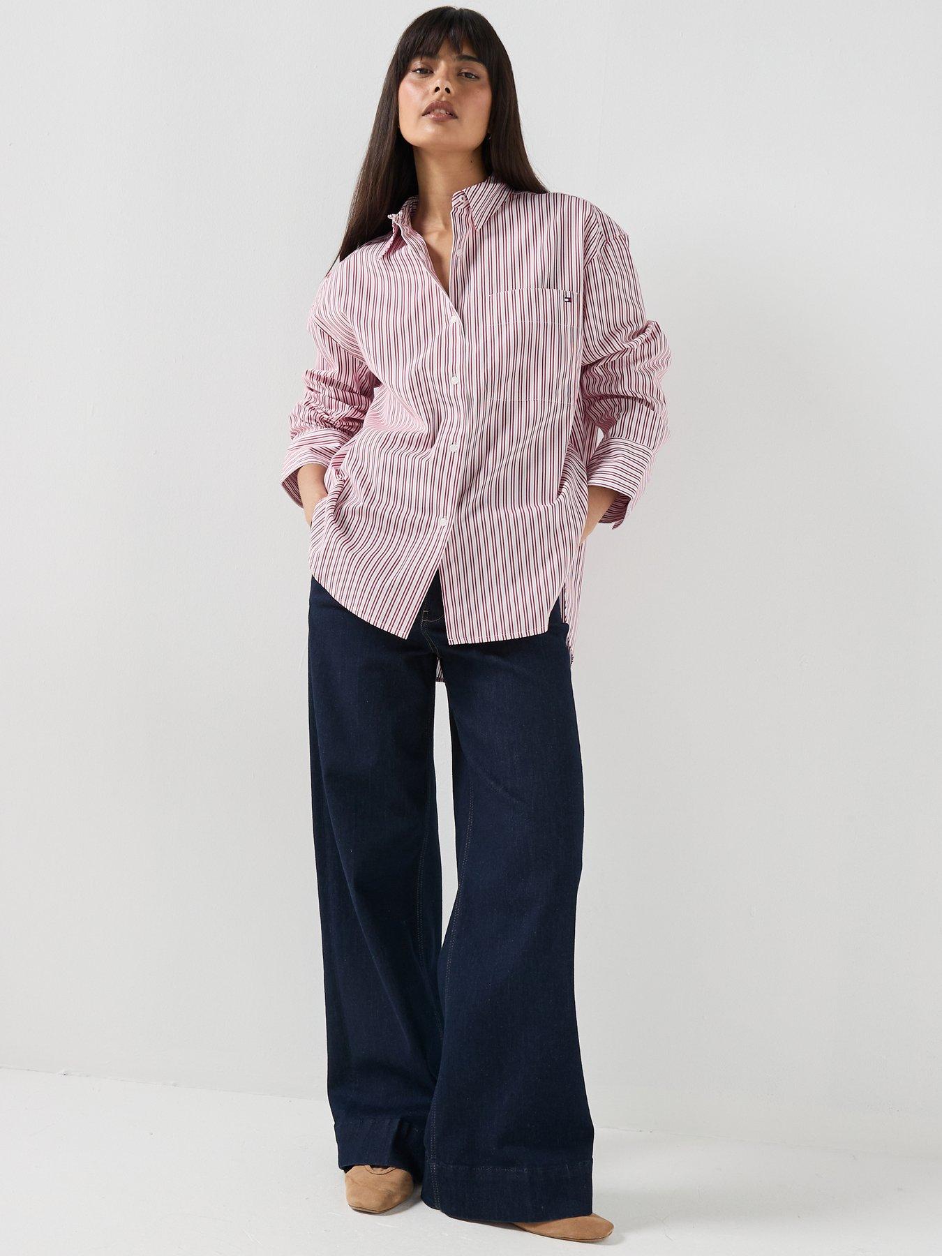 Image 5 of 5 of Tommy Hilfiger Oversized Fit Flag Embroidery Poplin Shirt - Rwb Summer Stripe