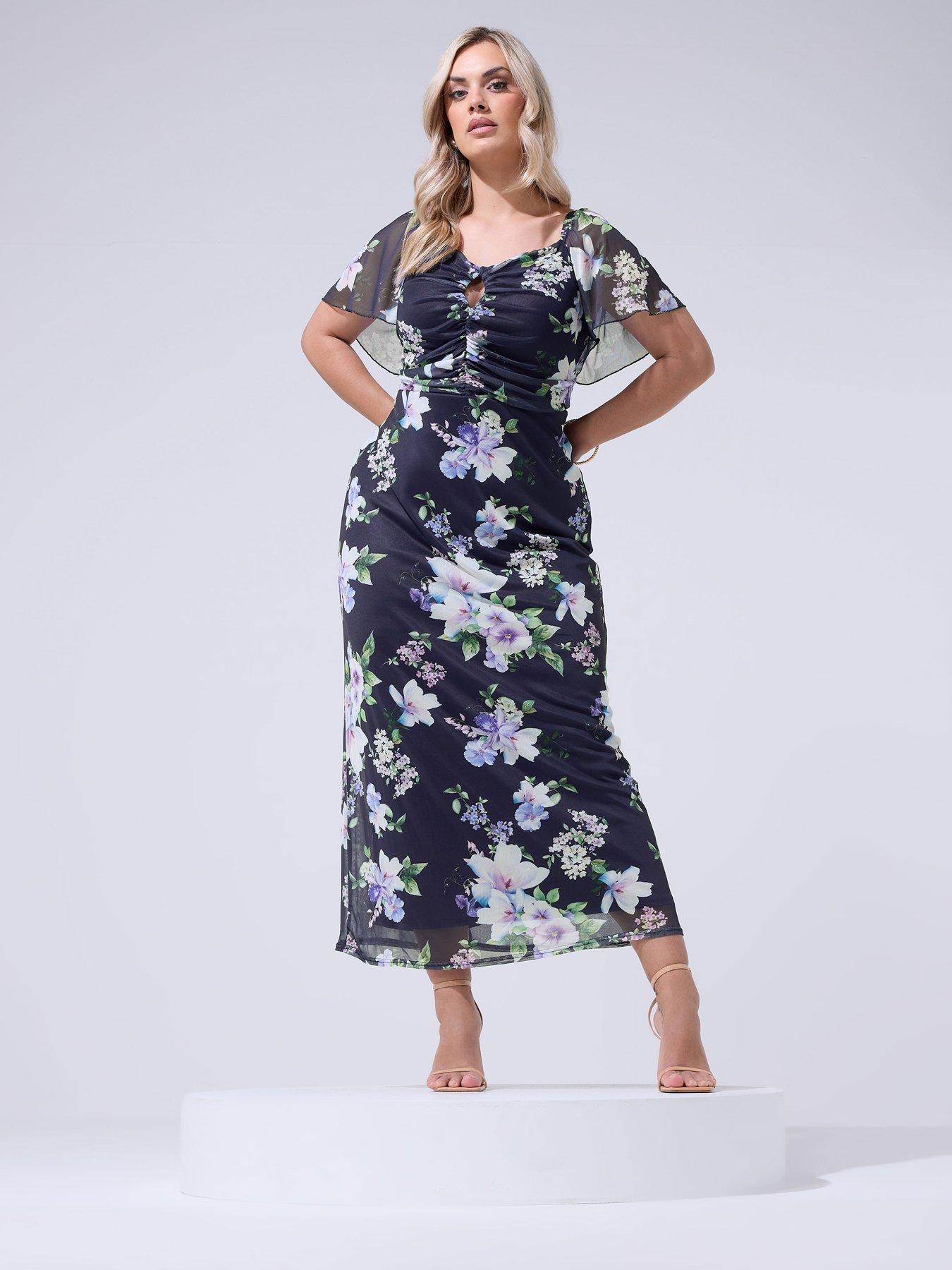 Image 3 of 5 of Yours Curve Keyhole Mesh Maxi Dress - Blue