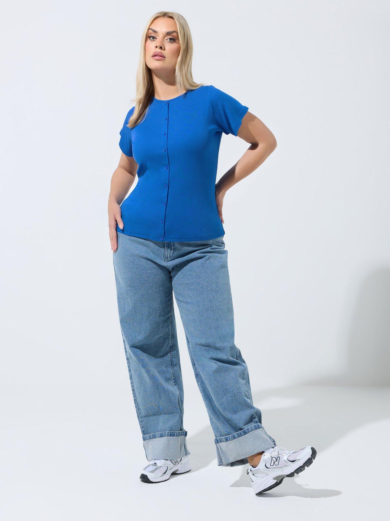 Image 3 of 5 of Yours Curve Short Sleeve Button Ribbed Top - Blue