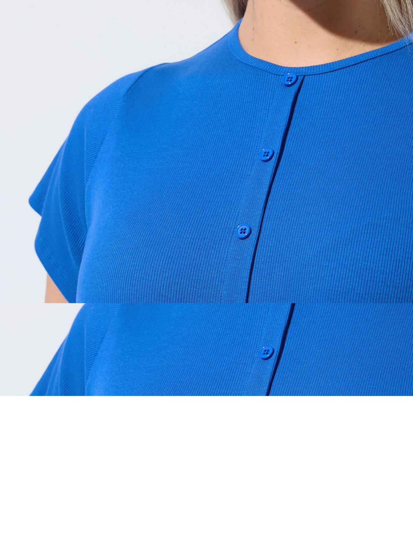 Image 4 of 5 of Yours Curve Short Sleeve Button Ribbed Top - Blue