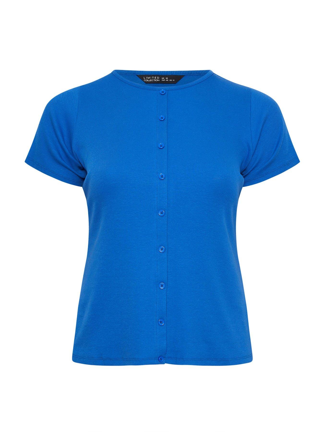 Image 5 of 5 of Yours Curve Short Sleeve Button Ribbed Top - Blue