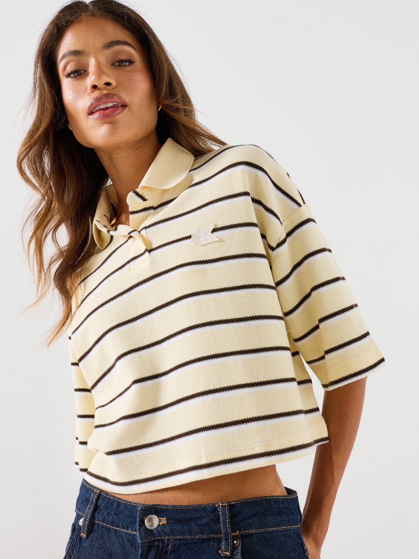 Image 5 of 6 of Calvin Klein Jeans Jeans Stripe Cropred Polo Shirt - Yellow