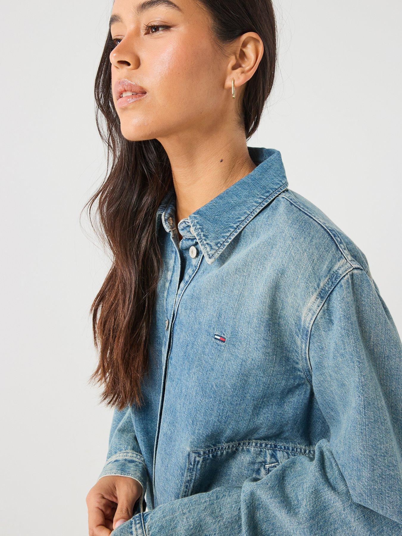 Image 4 of 6 of Tommy Jeans Drawstring Hem Relaxed Denim Jacket With Linen - Blue