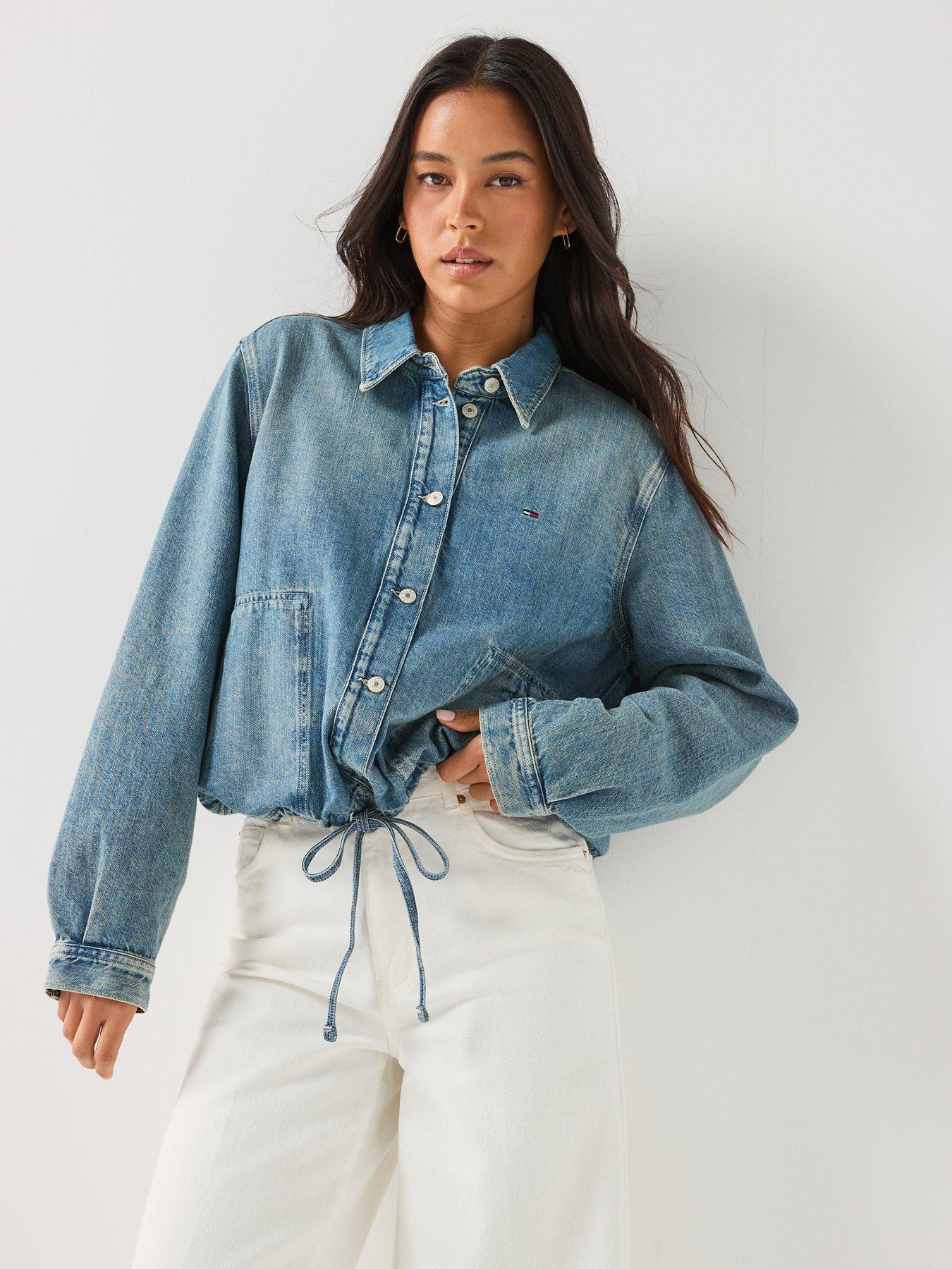 Image 5 of 6 of Tommy Jeans Drawstring Hem Relaxed Denim Jacket With Linen - Blue