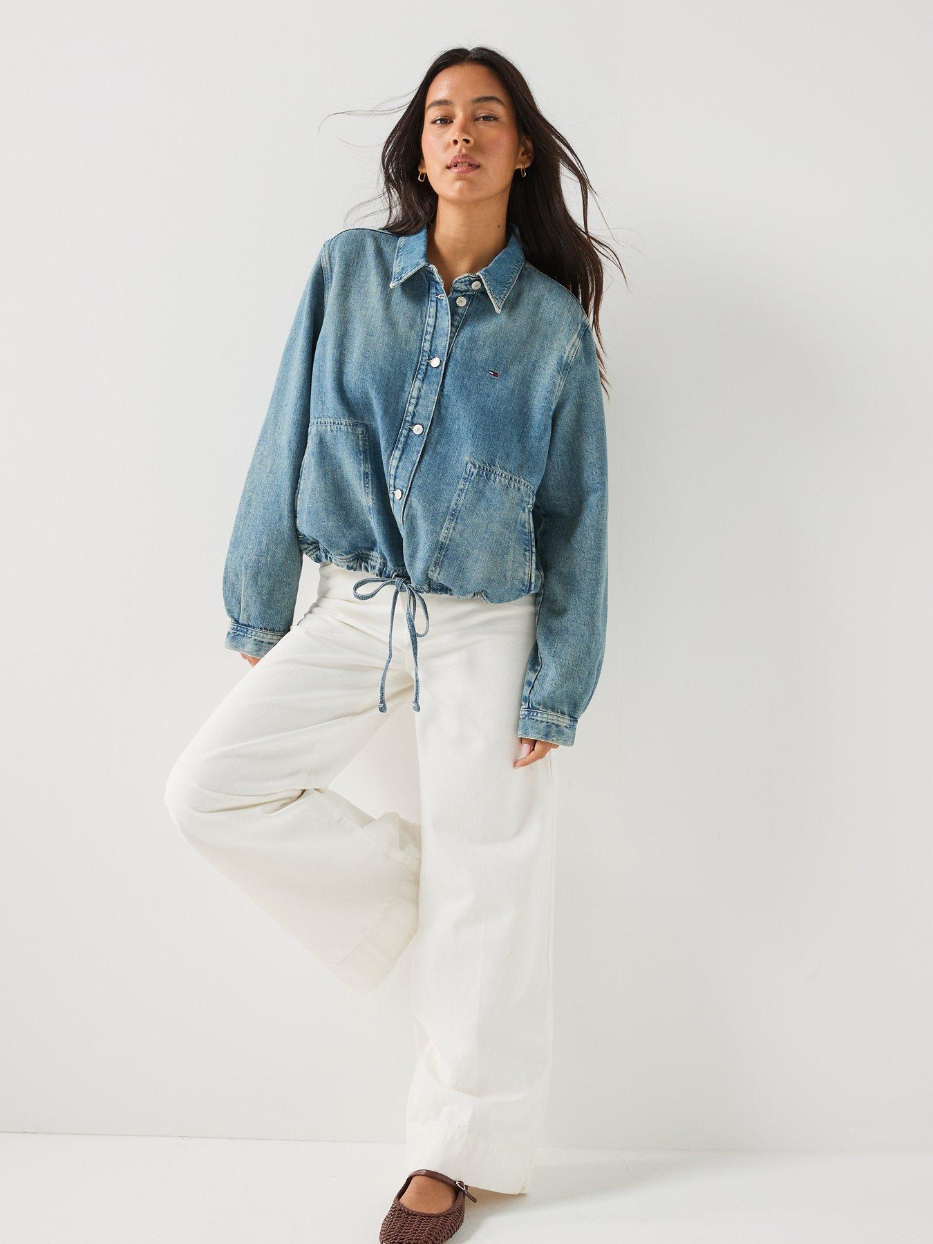 Image 6 of 6 of Tommy Jeans Drawstring Hem Relaxed Denim Jacket With Linen - Blue