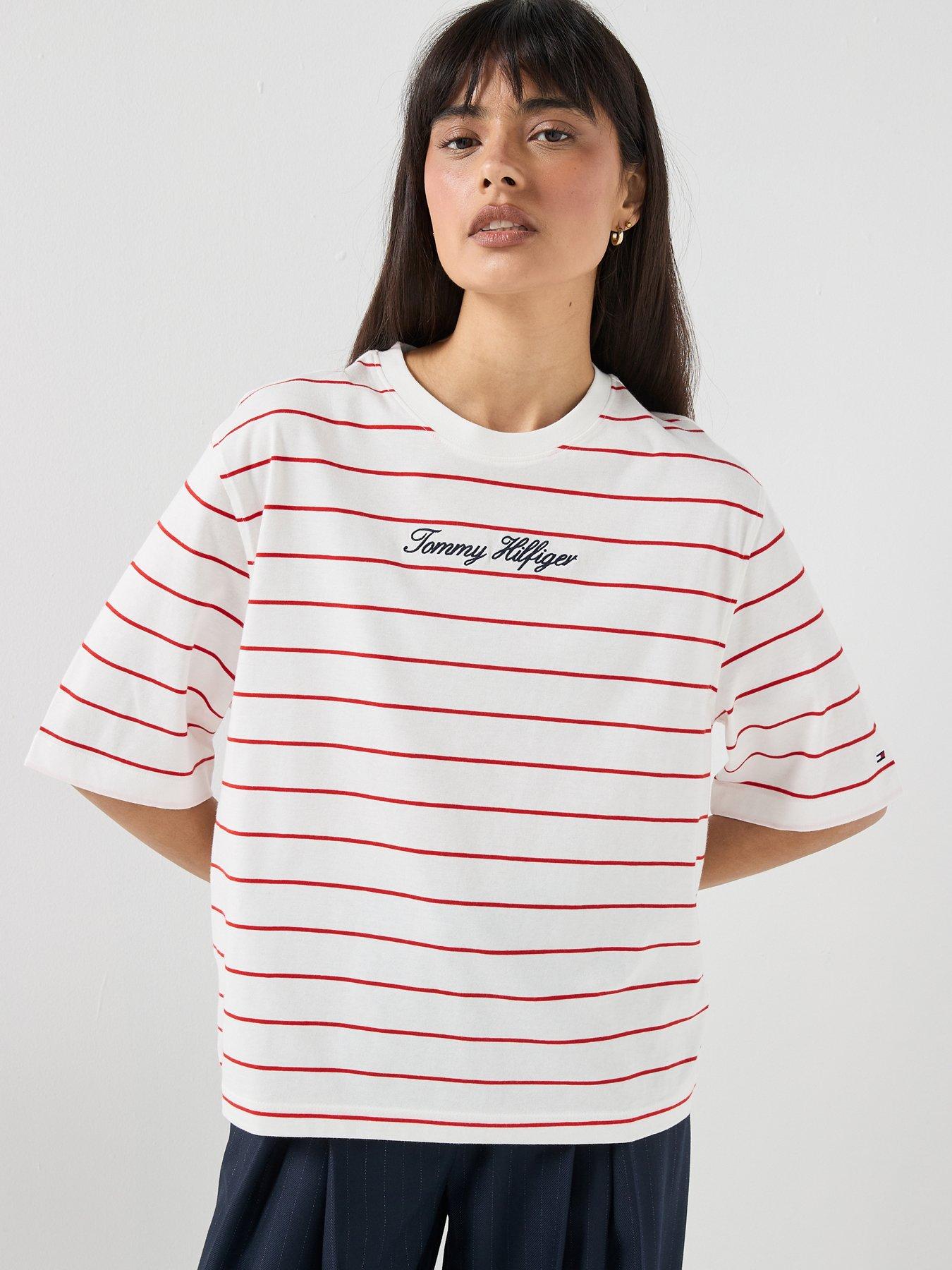 Tommy Hilfiger Striped Regular Crew Neck Tops - Cream