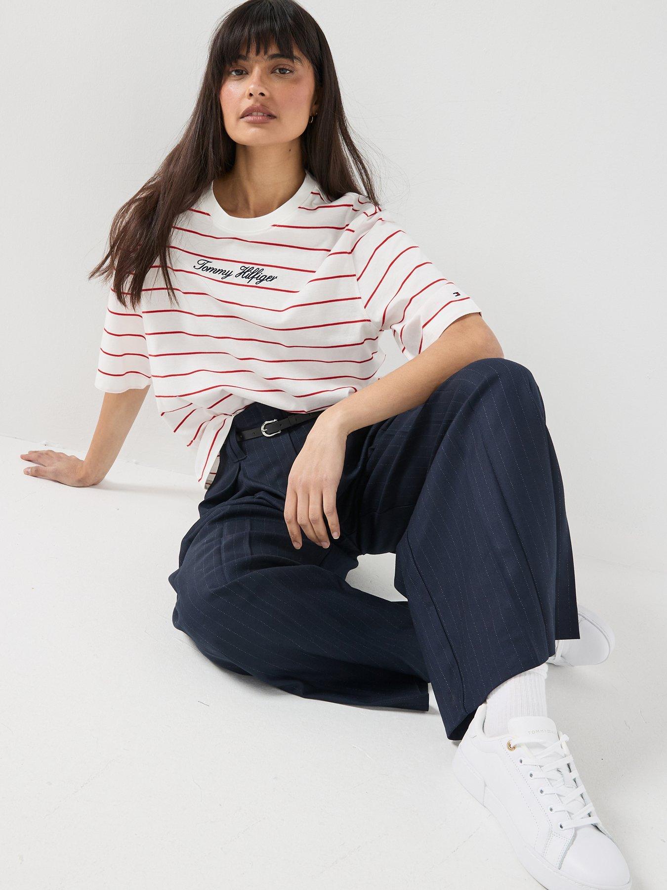 Image 3 of 5 of Tommy Hilfiger Logo Embroidery Relaxed Crew Neck T-shirt - Cream / Fire Red