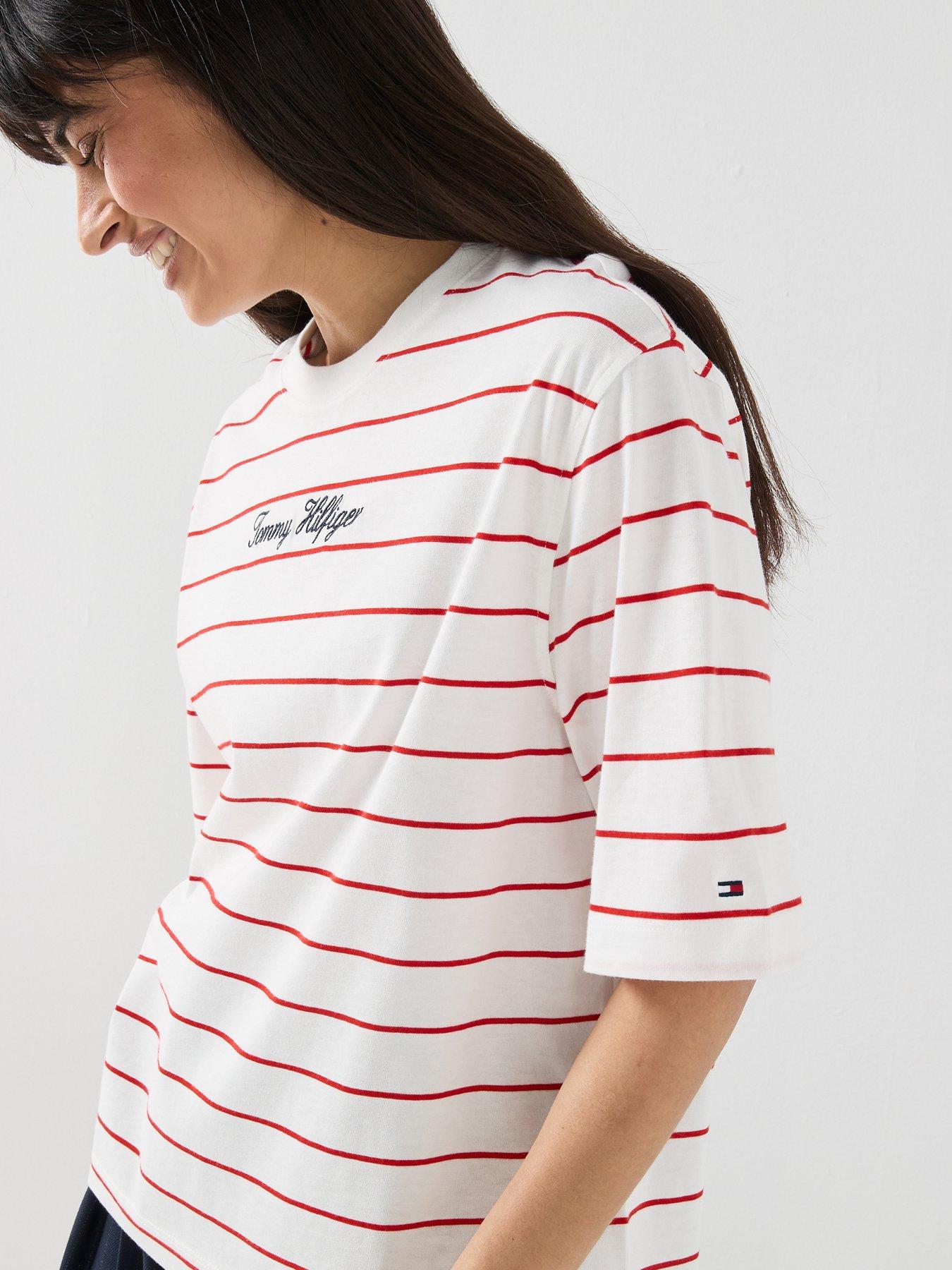 Image 4 of 5 of Tommy Hilfiger Logo Embroidery Relaxed Crew Neck T-shirt - Cream / Fire Red