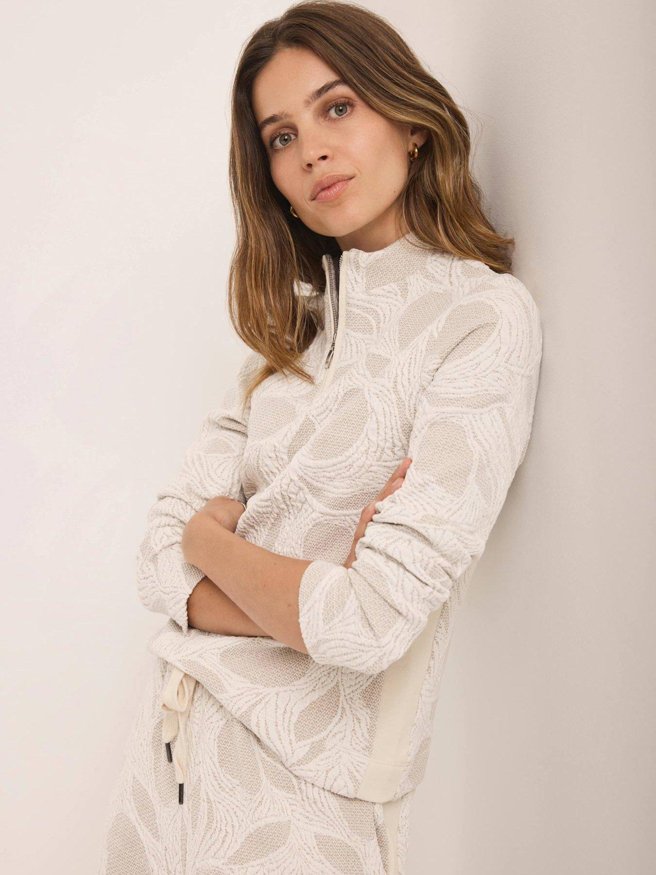 Mint Velvet Neutral Jacquard Long Sleeve Zip Top - Cream