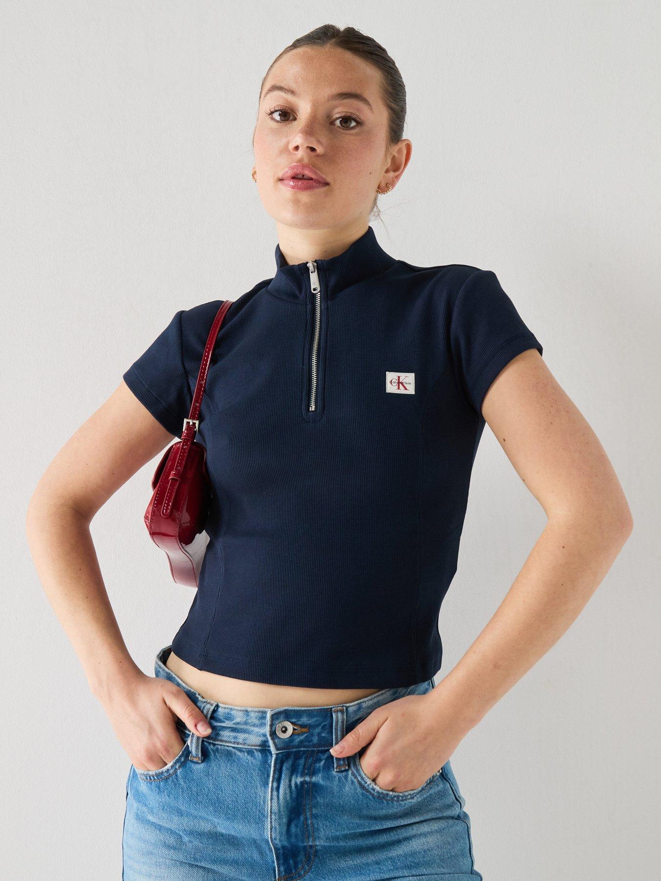 Calvin Klein Jeans Short Sleeve Baby Rib Zip Top - Navy