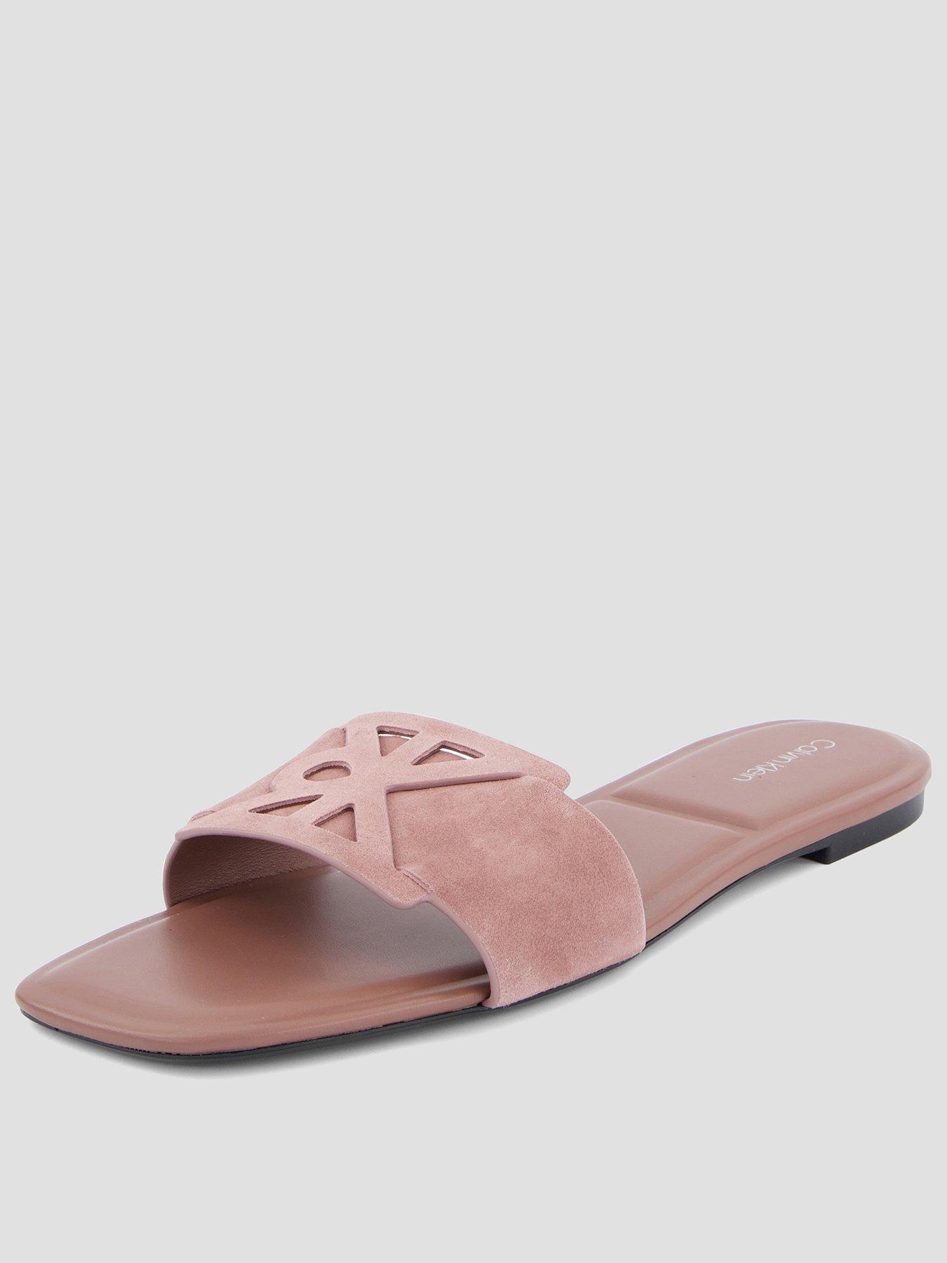 Calvin Klein Square Flat Sndl Embl Suede Sandals - Brown