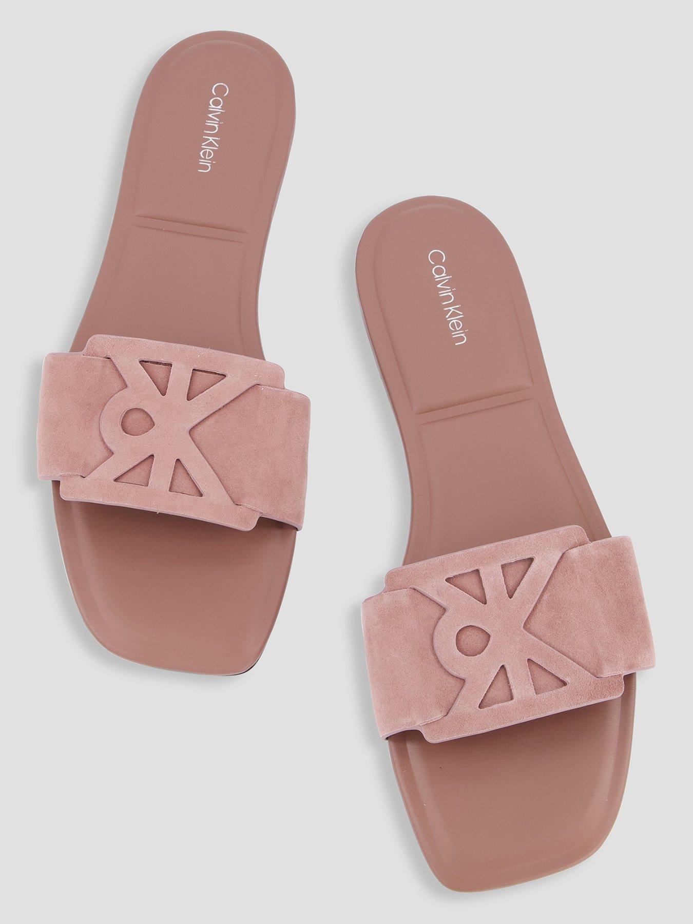 Image 3 of 7 of Calvin Klein Suede Emblem Flat Sandals - Brown
