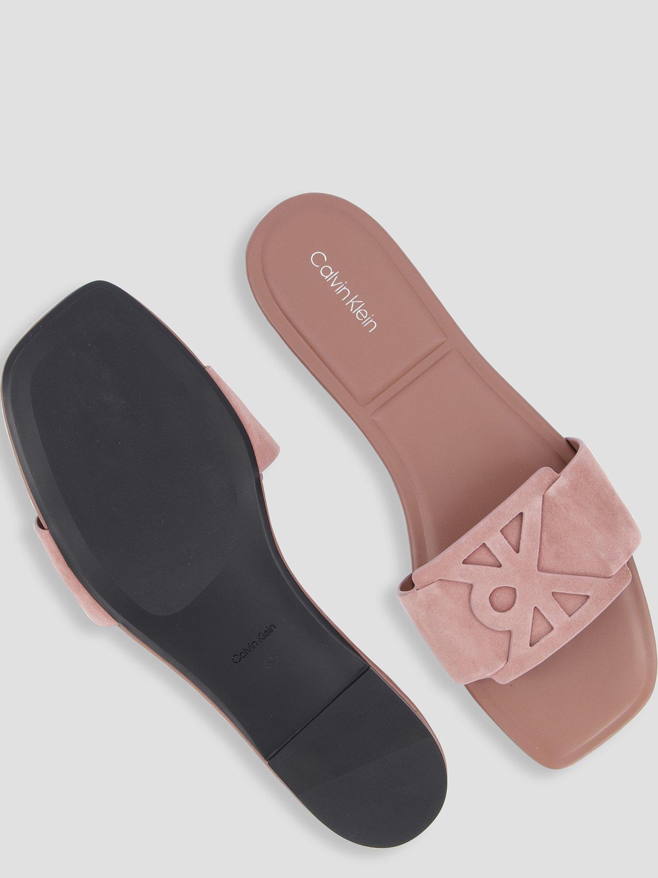 Image 4 of 7 of Calvin Klein Suede Emblem Flat Sandals - Brown