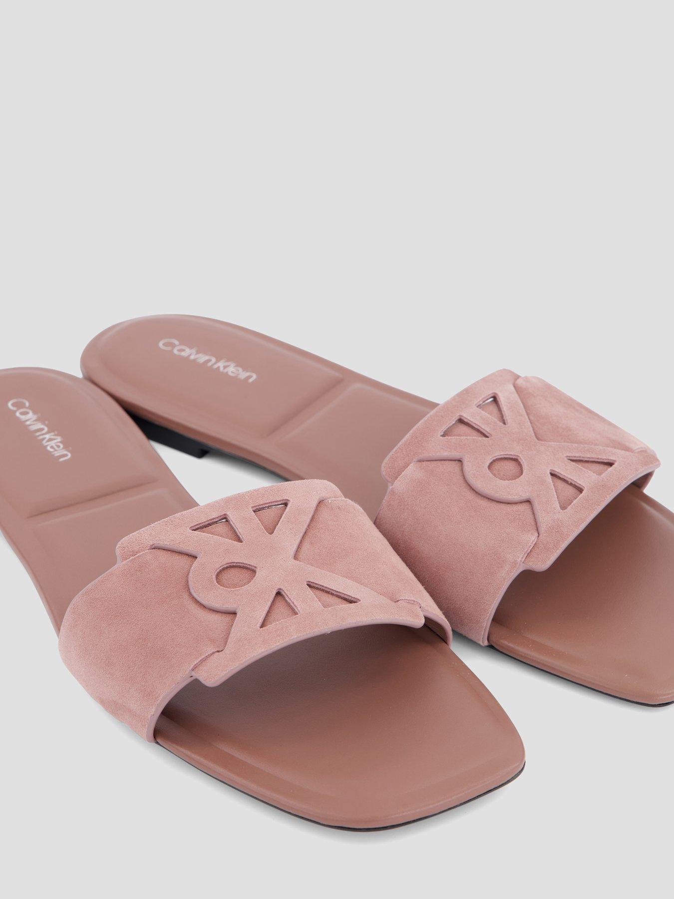 Image 5 of 7 of Calvin Klein Suede Emblem Flat Sandals - Brown