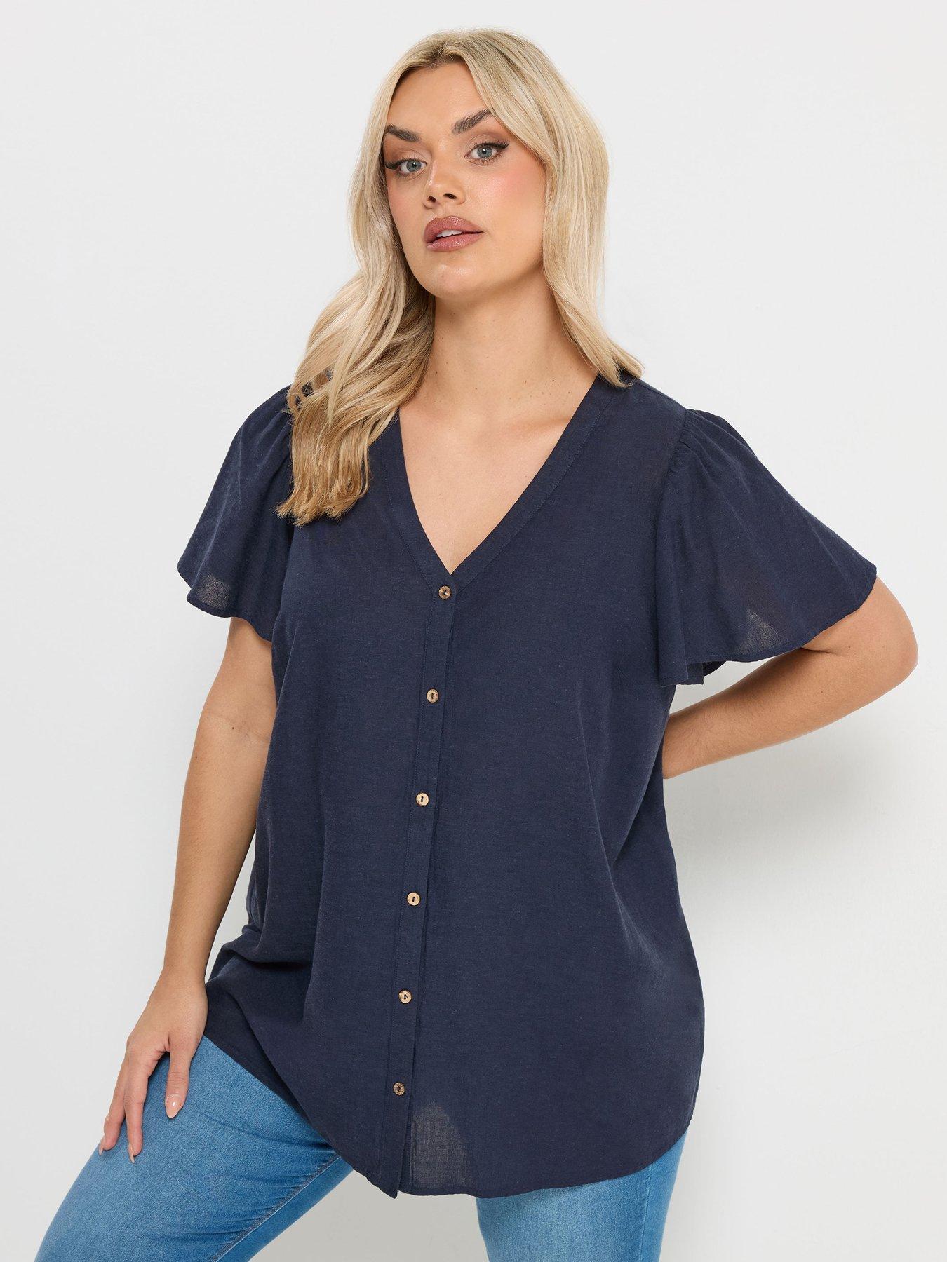 Yours Curve Linen Short Sleeve Blouse - Blue