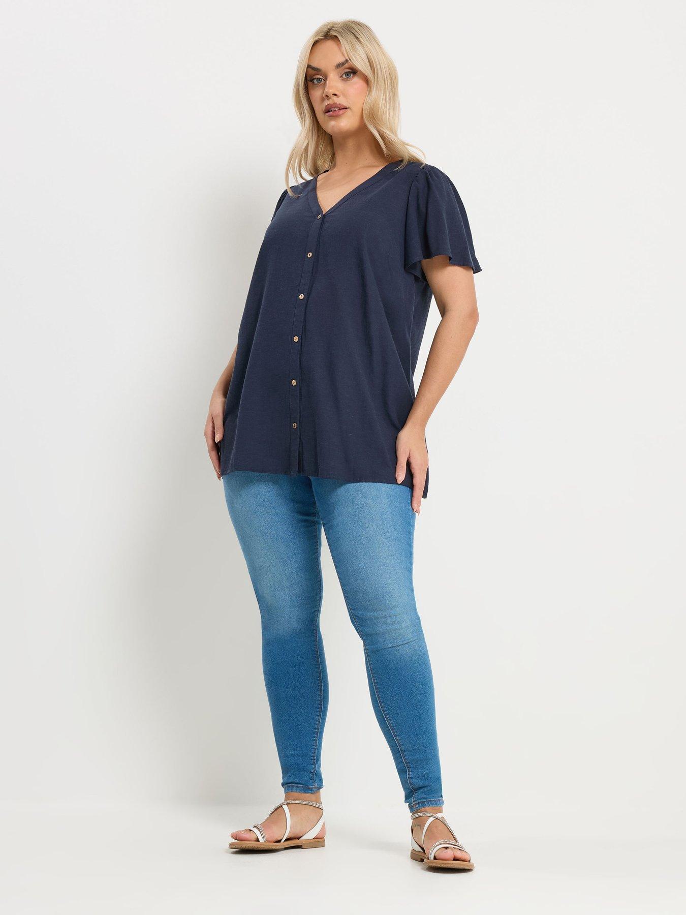 Image 3 of 5 of Yours Curve Linen Short Sleeve Blouse - Blue