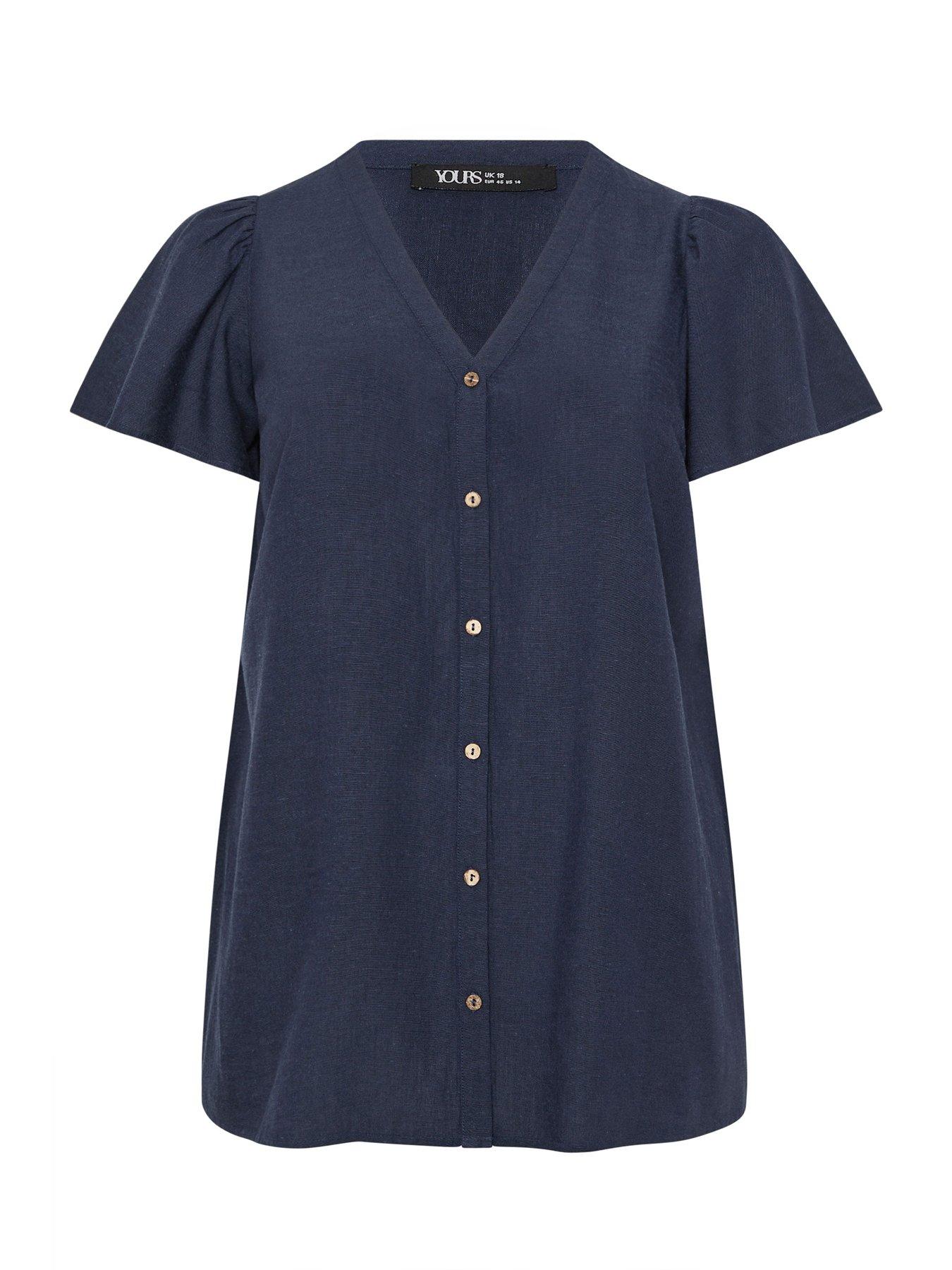 Image 5 of 5 of Yours Curve Linen Short Sleeve Blouse - Blue