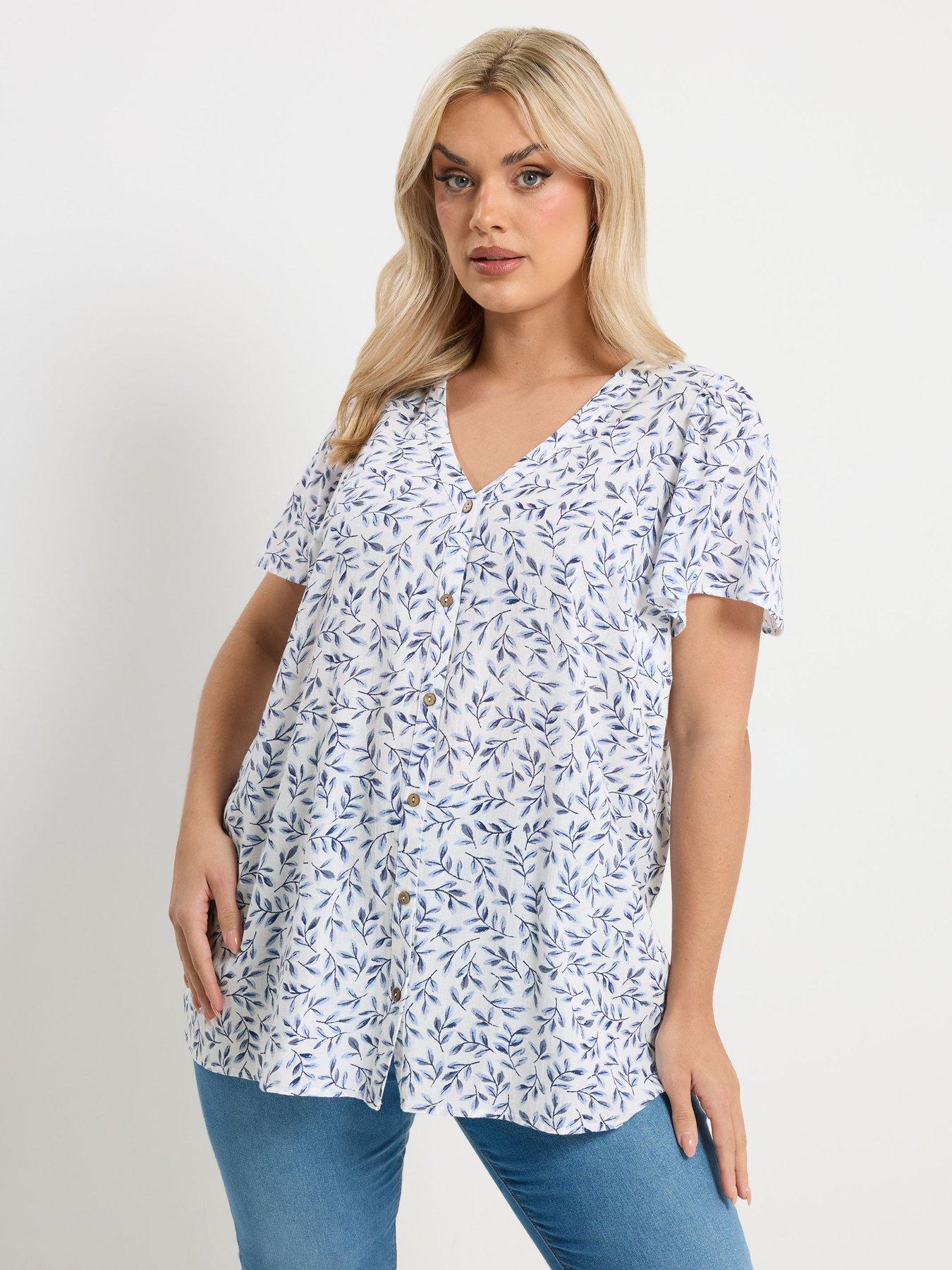 Yours Curve Linen Short Sleeve Blouse - Blue