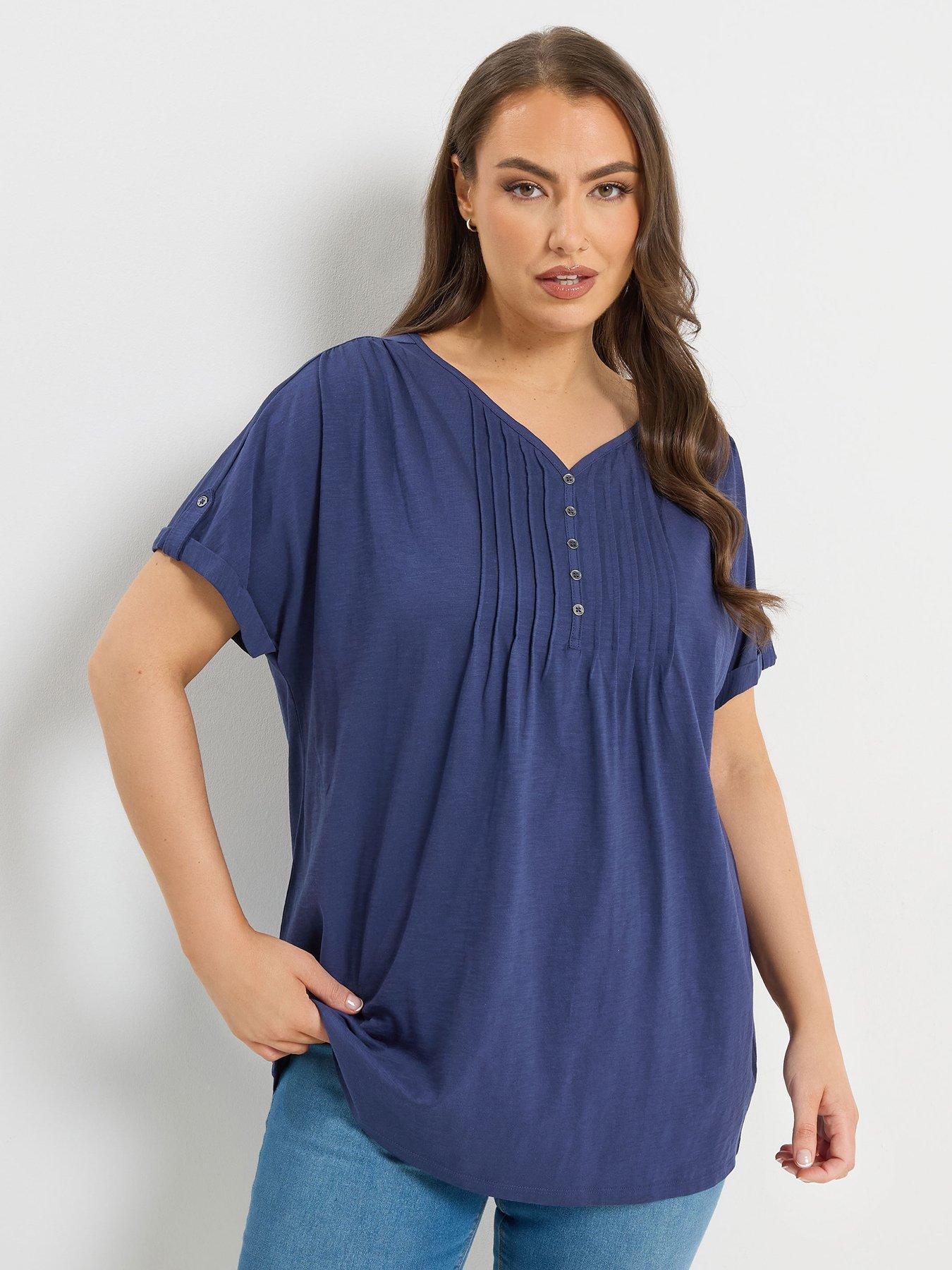 yours-curve-short-sleeve-pintuck-henley-t-shirt-blue