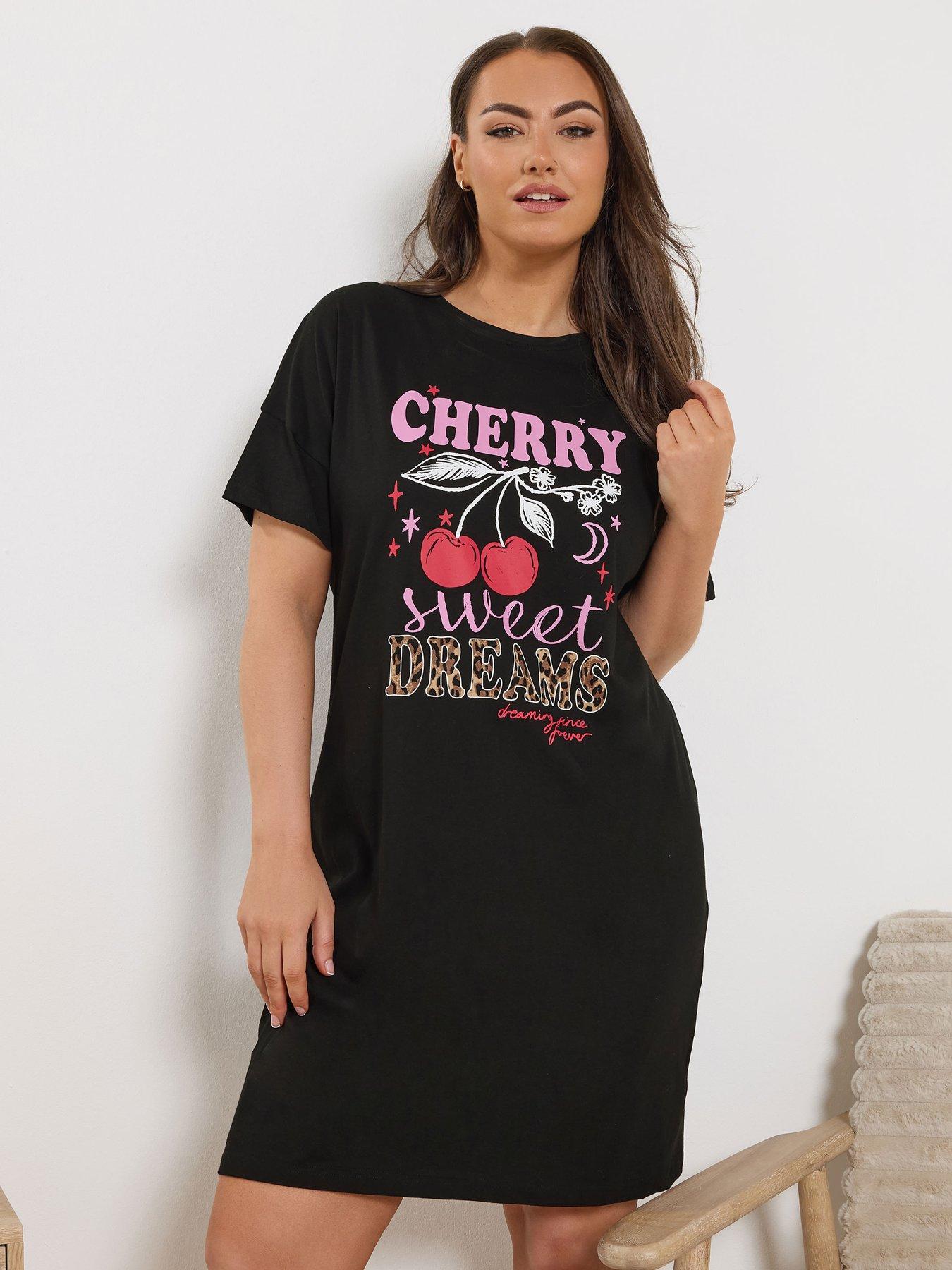 Yours Curve Cherry Dreams Sleeptee - Black