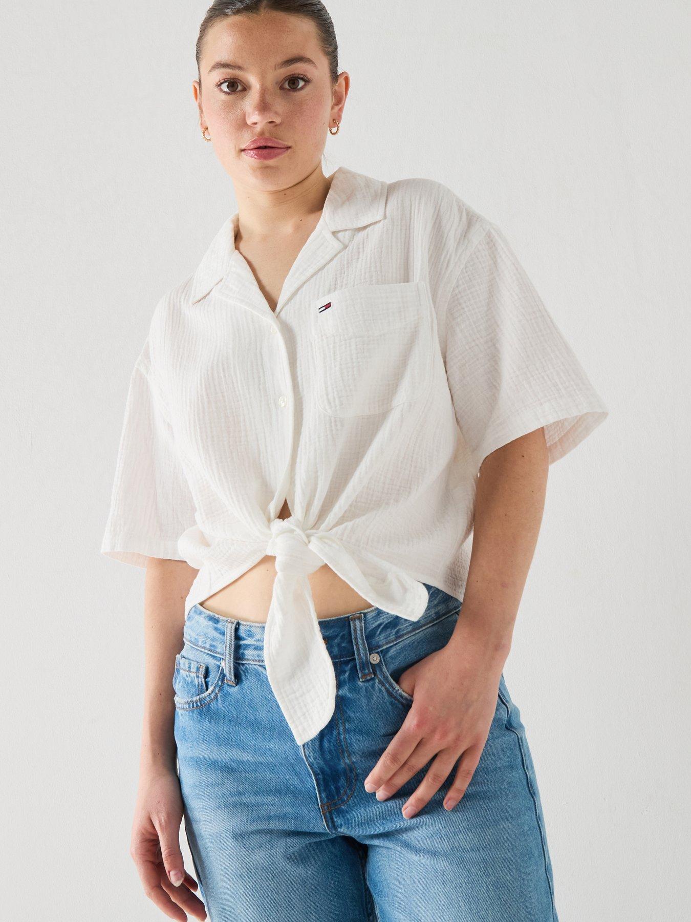 Tommy Jeans Textured Tie Front Short Sleeve Shirt - Cream