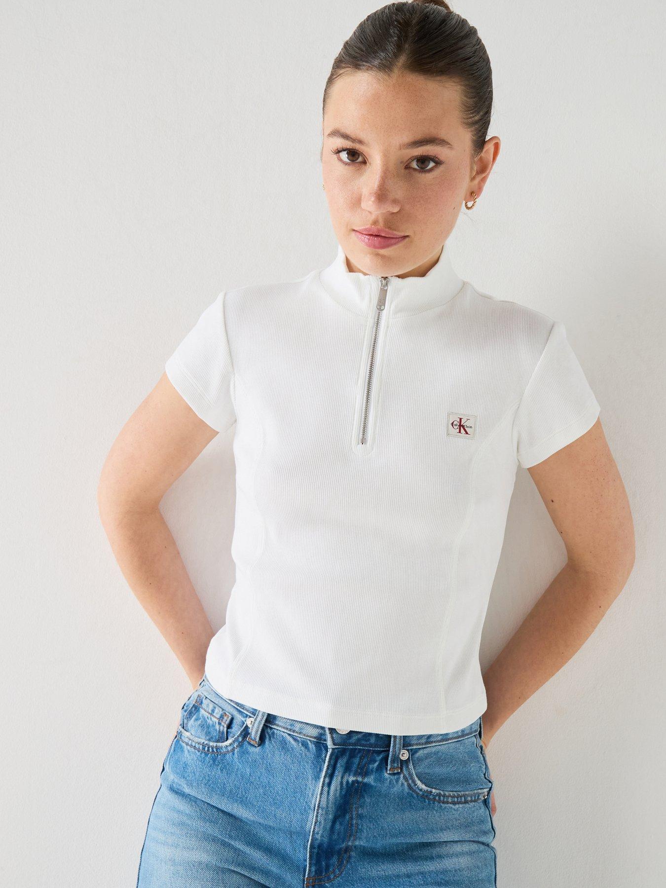 Calvin Klein Jeans Short Sleeve Woven Label 2X2 Baby Rib Zip Top - White