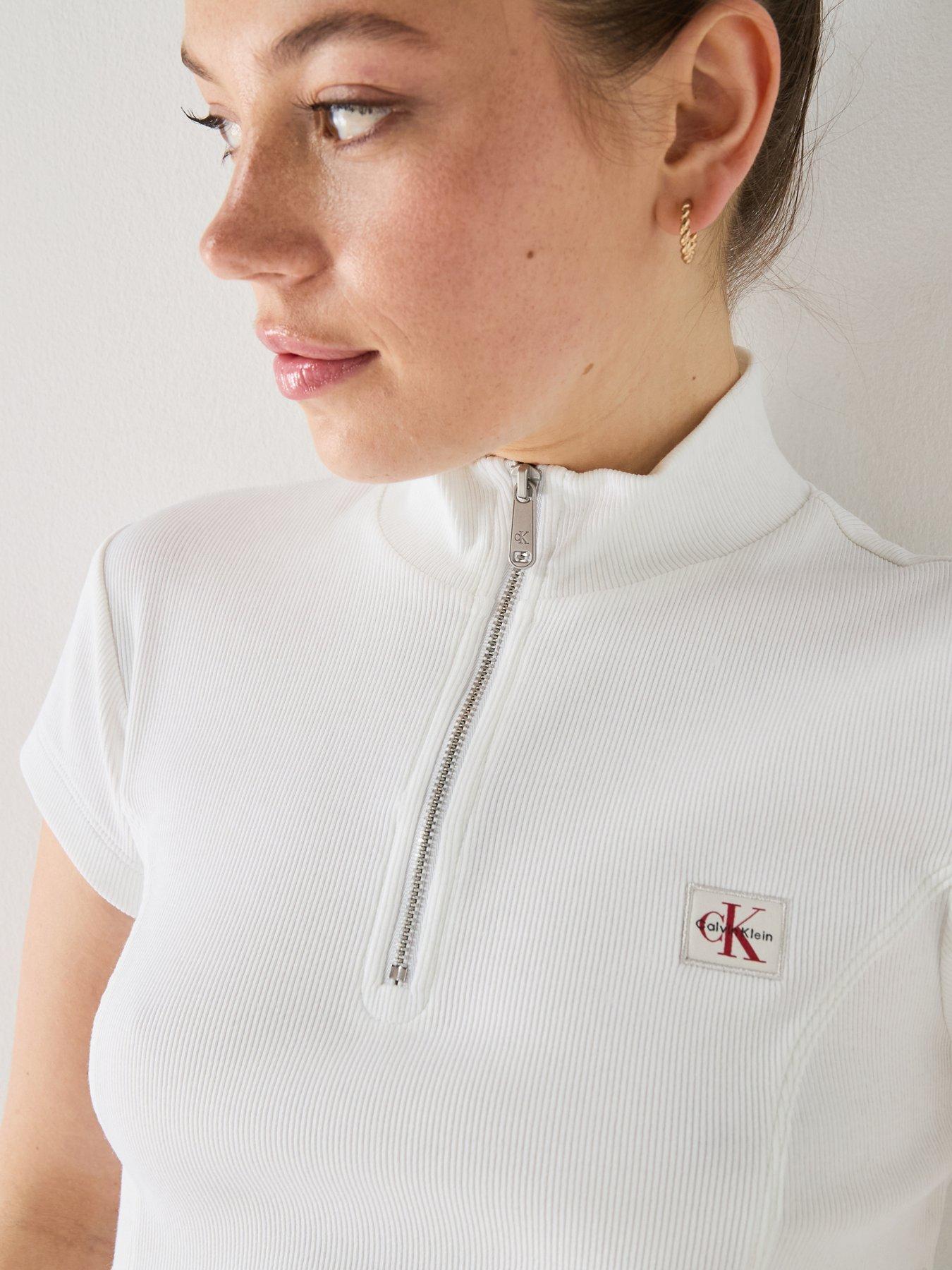 Image 4 of 5 of Calvin Klein Jeans Jeans Ribbed Monologo Quarter-zip T-shirt - White