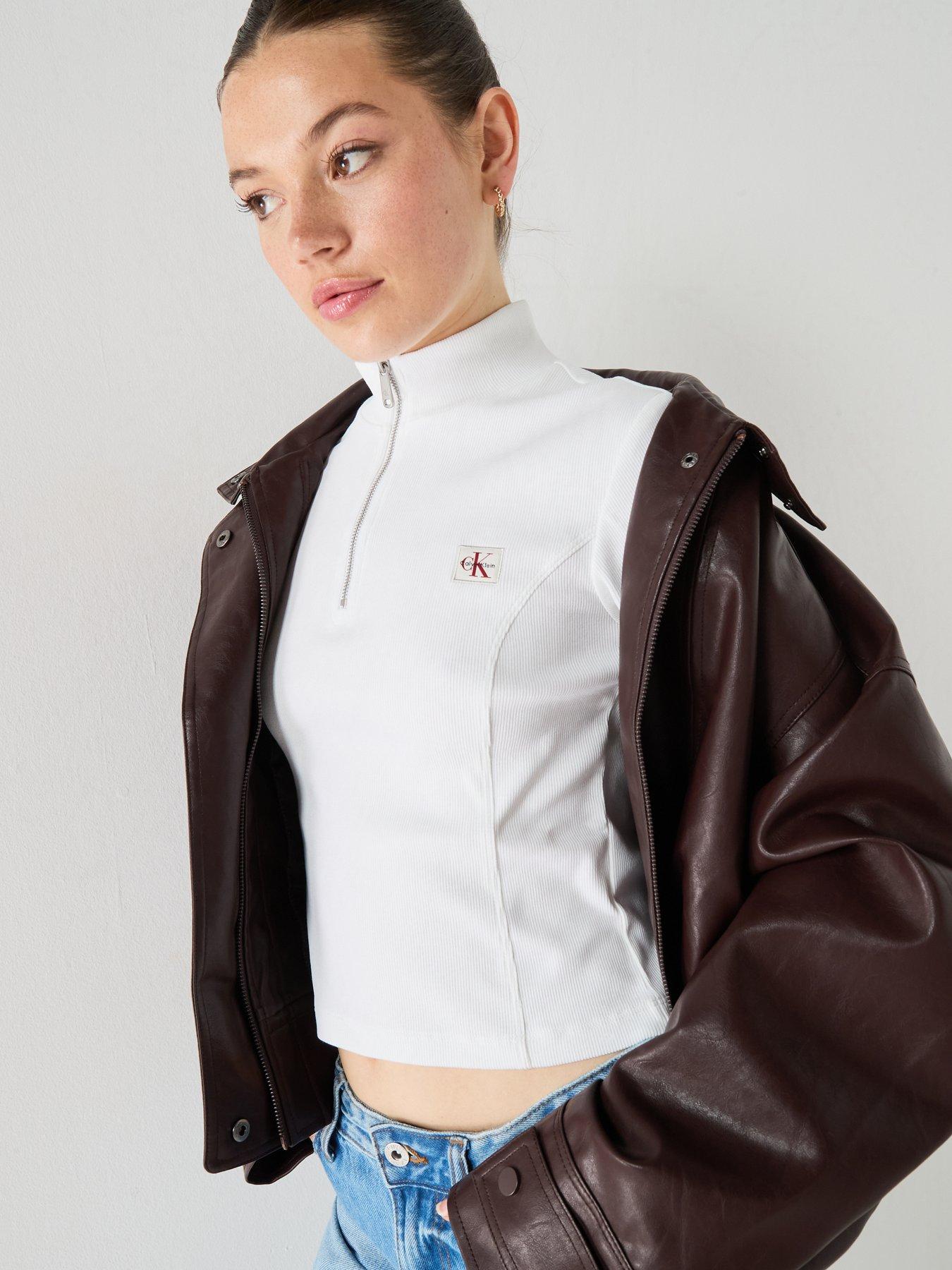 Image 5 of 5 of Calvin Klein Jeans Jeans Ribbed Monologo Quarter-zip T-shirt - White
