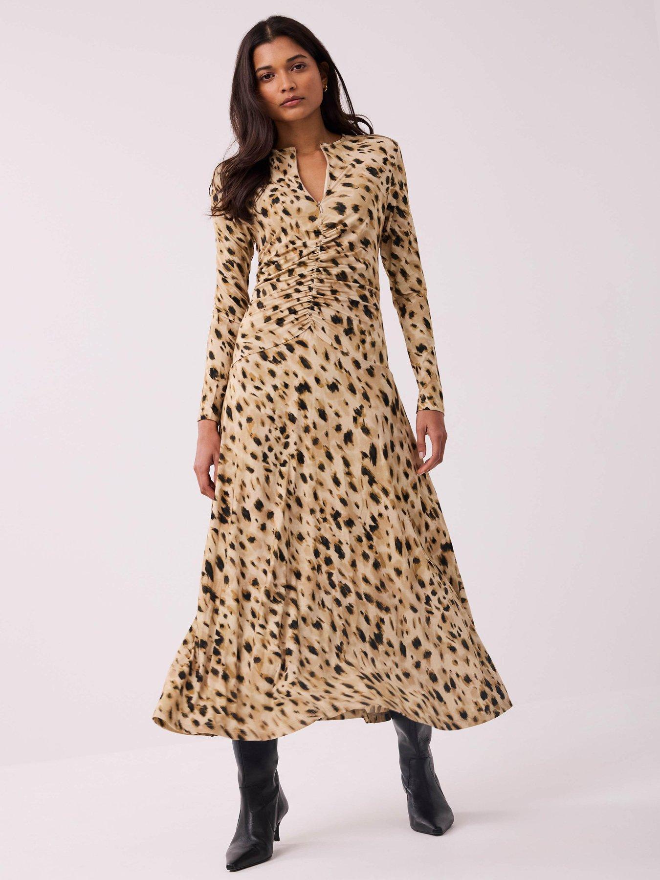 Mint Velvet Animal Print Zip Jersey Dress - Gold
