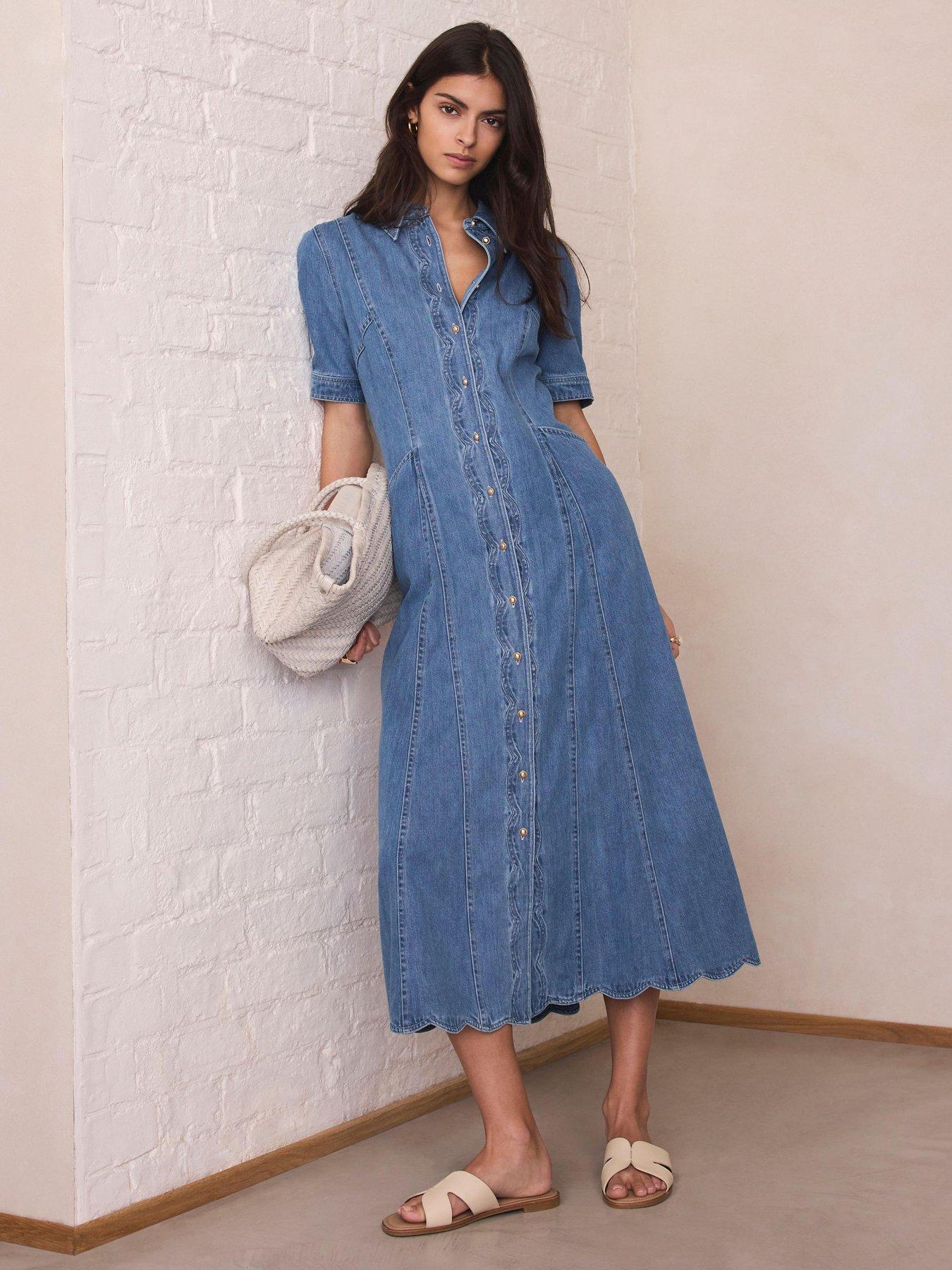 Mint Velvet Scallop Denim Midi Dress - Blue