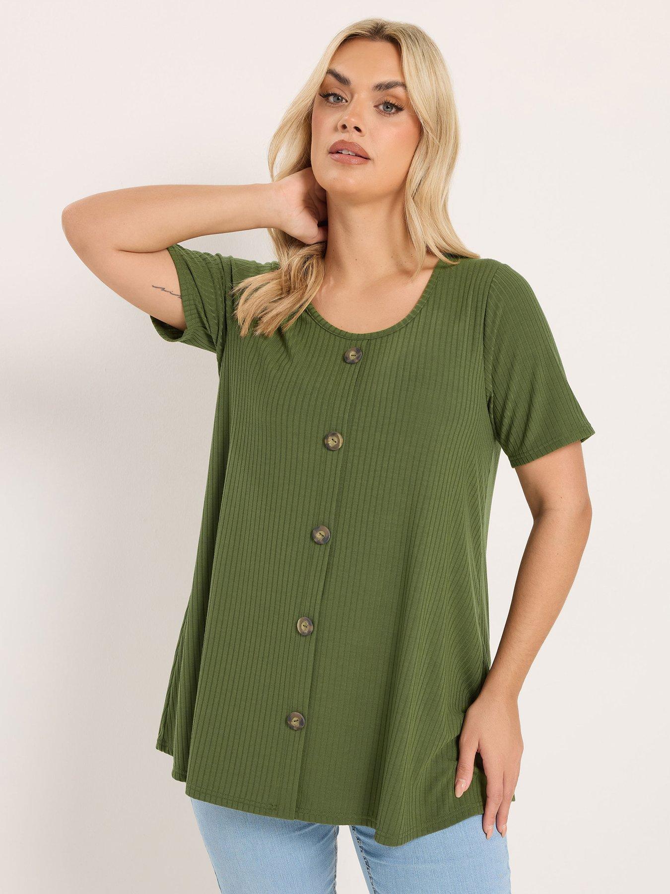front image of yours-curve-button-front-swing-t-shirt-green