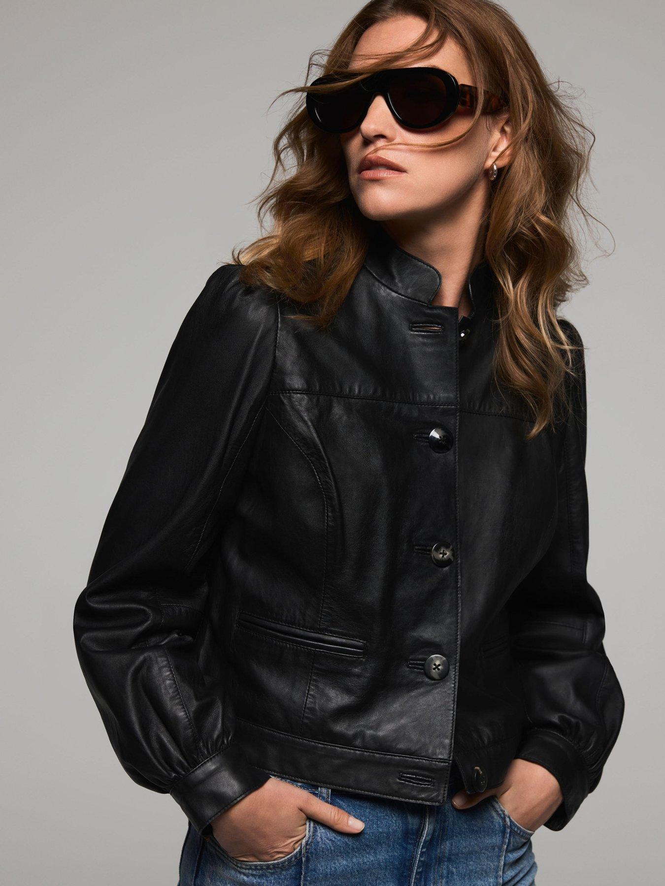 Mint Velvet Leather Puff Sleeve Jacket - Black