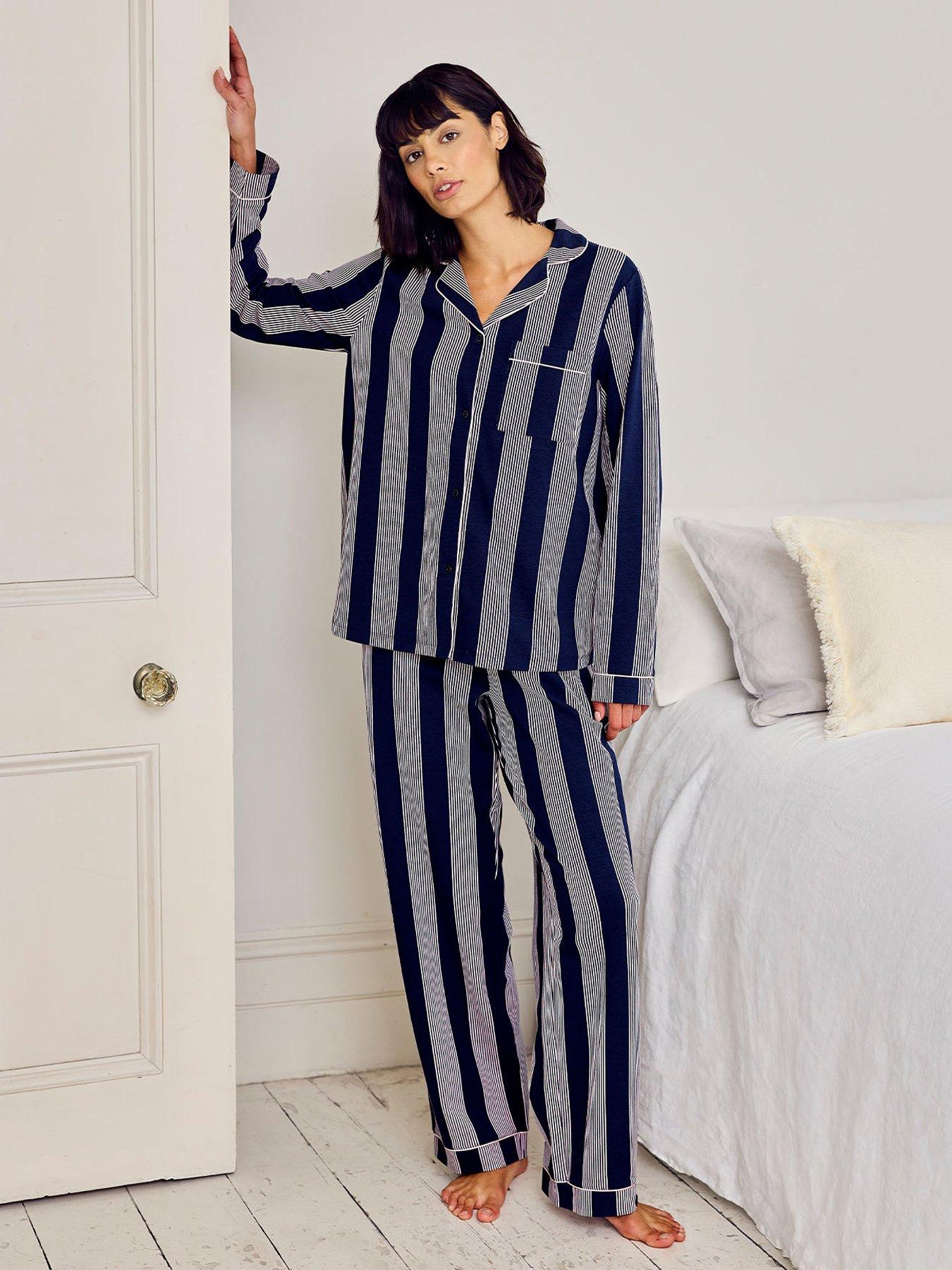  image of chelsea-peers-cotton-stripe-button-up-pyjama-set-navy