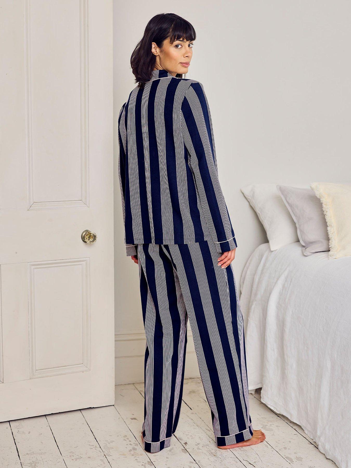  image of chelsea-peers-cotton-stripe-button-up-pyjama-set-navy