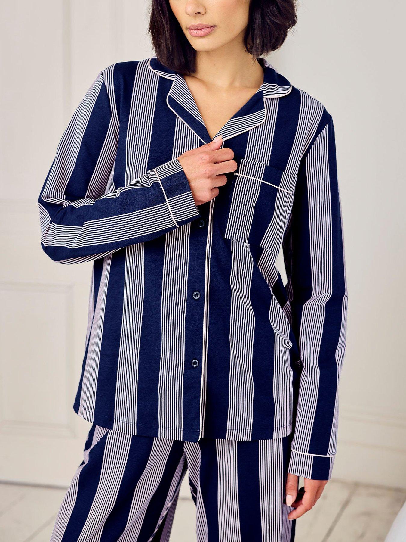  image of chelsea-peers-cotton-stripe-button-up-pyjama-set-navy