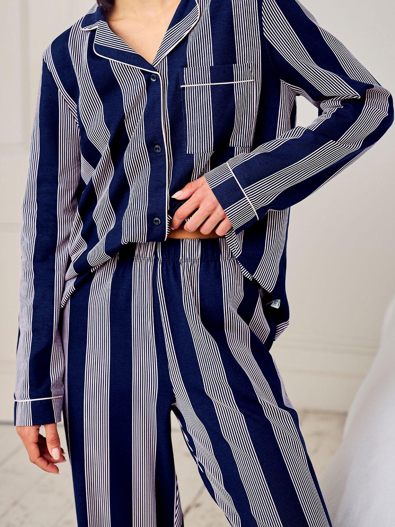  image of chelsea-peers-cotton-stripe-button-up-pyjama-set-navy