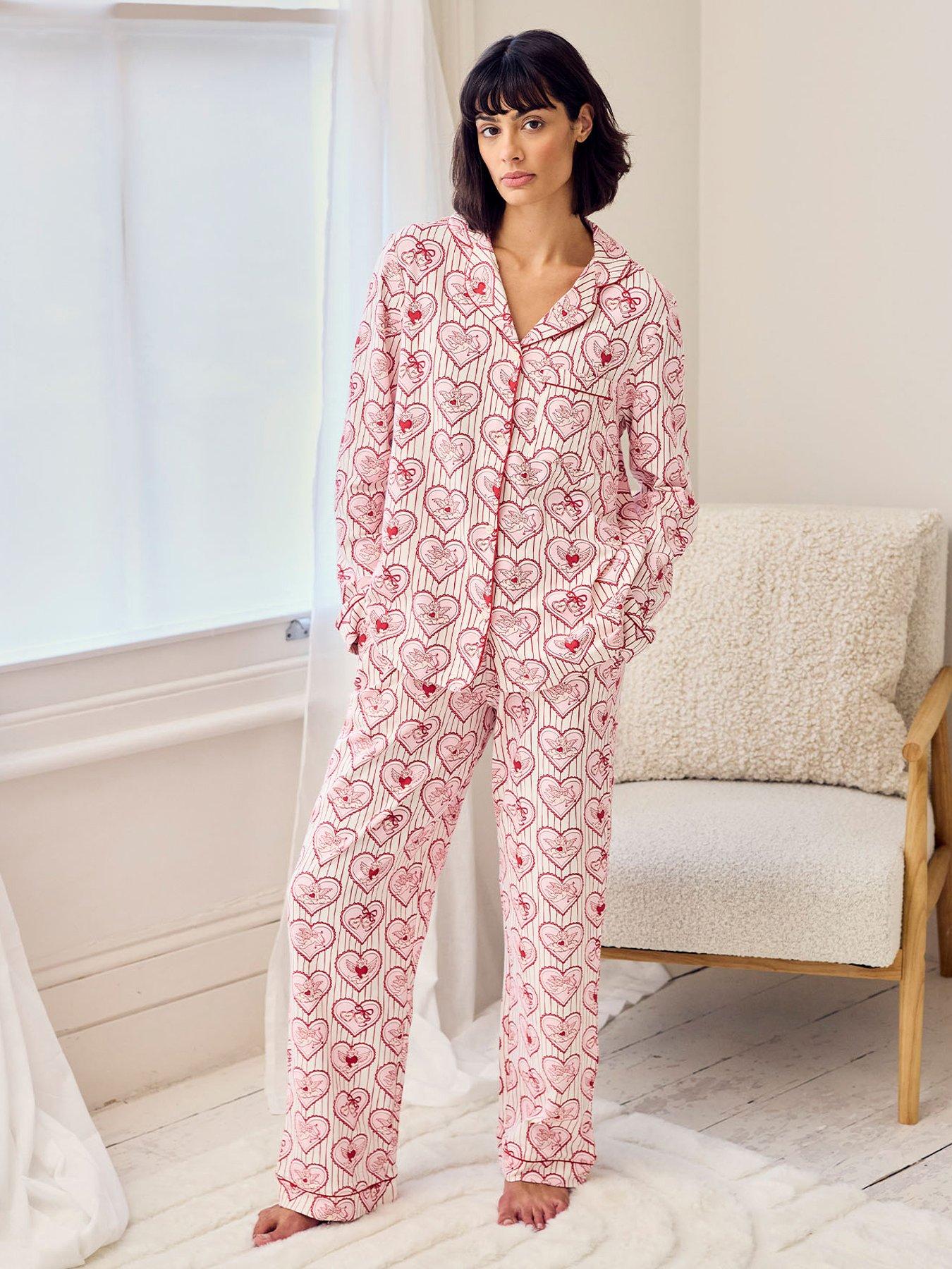 Image 1 of 5 of CHELSEA PEERS Cotton Cupid Heart Print Long Pyjama Set - Pink