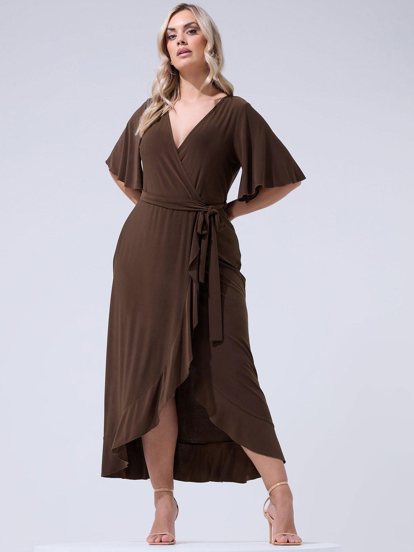 Yours Curve Ruffle Hem Wrap Dress - Brown | Littlewoods