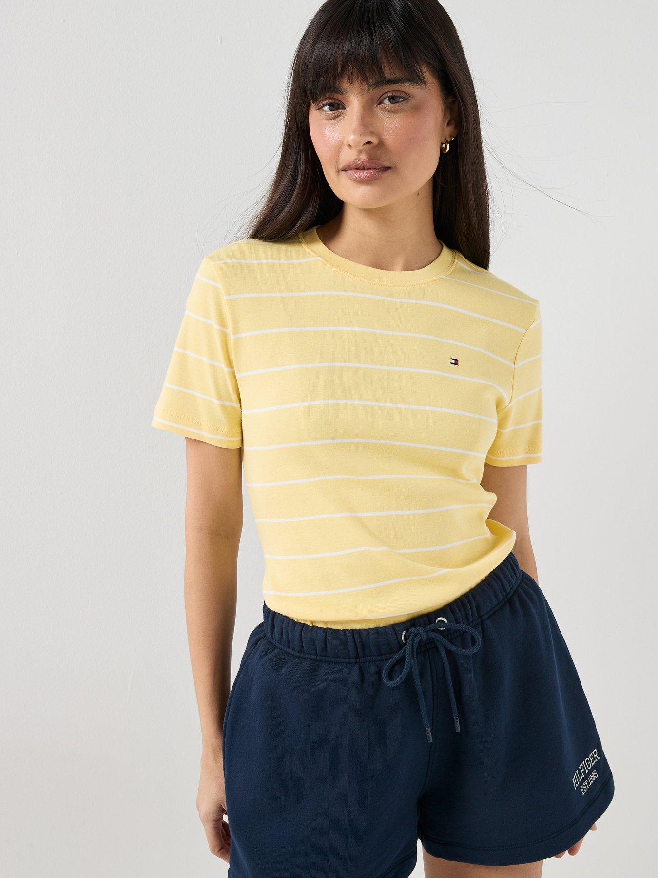 Tommy Hilfiger Striped Regular Crew Neck Tops - White