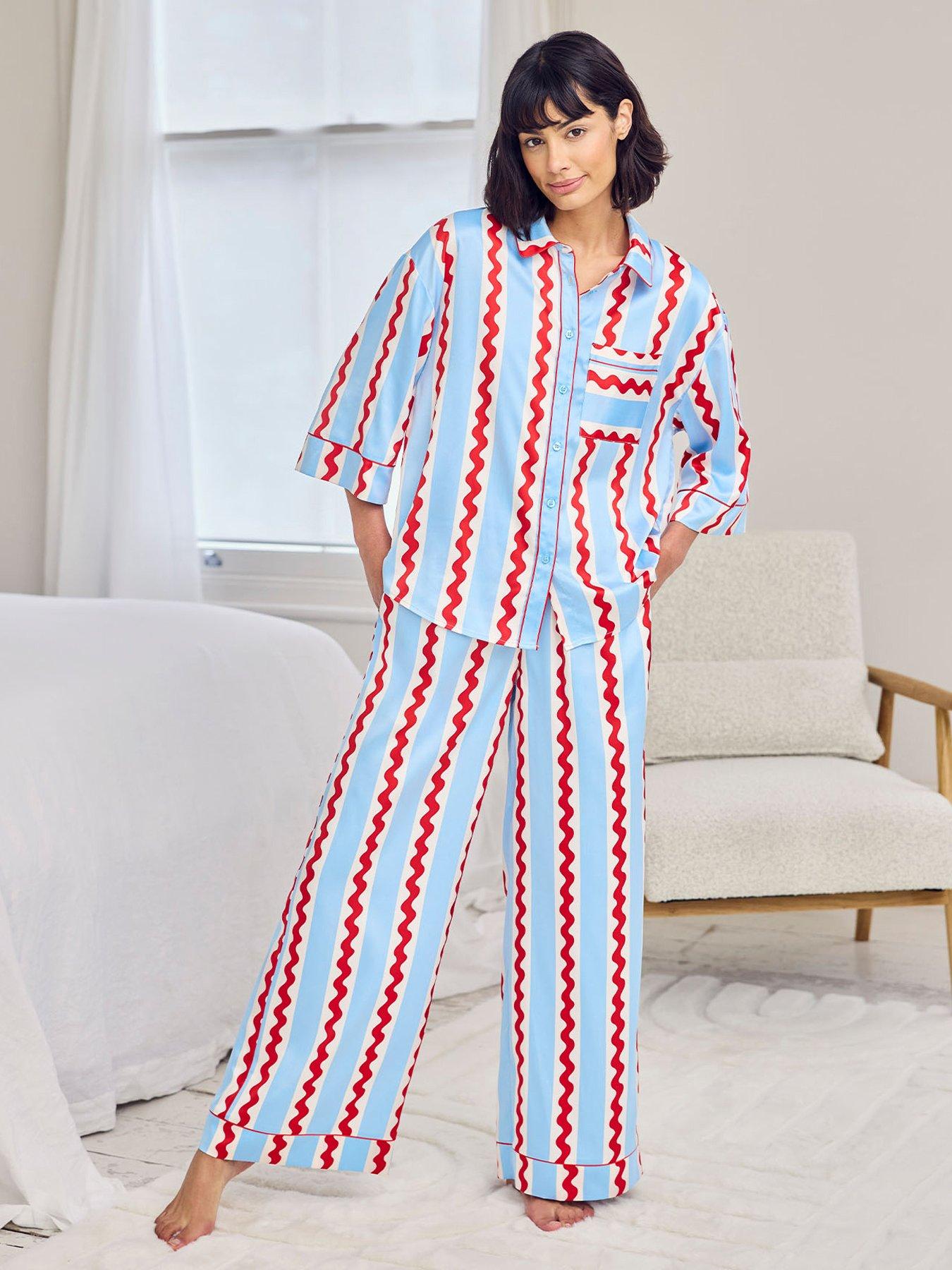 CHELSEA PEERS Satin Wavy Stripe Long Pyjama Set - Red/White/Blue