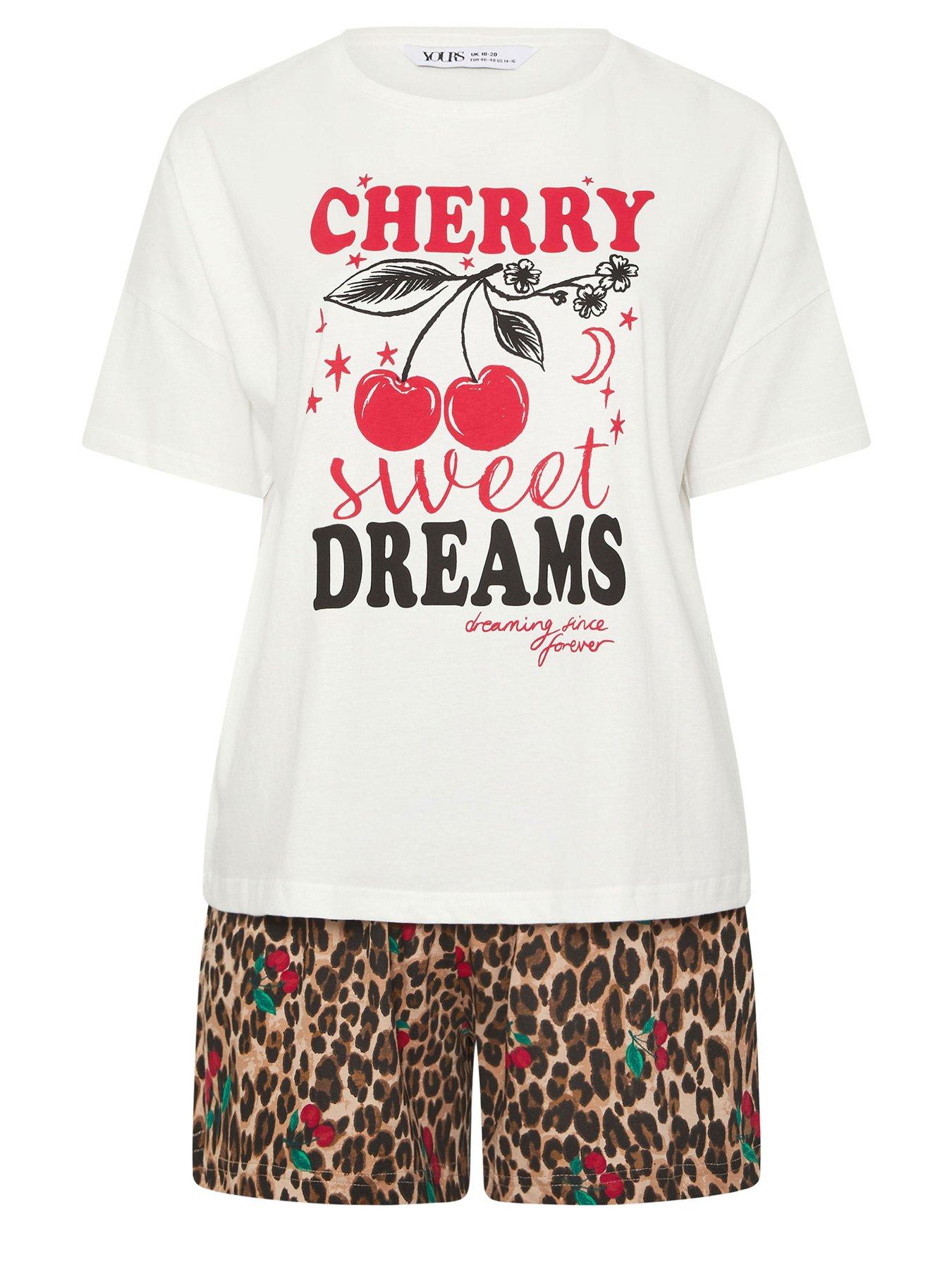Image 5 of 5 of Yours Curve Cherry Animal Shorts Pyjama Set - White