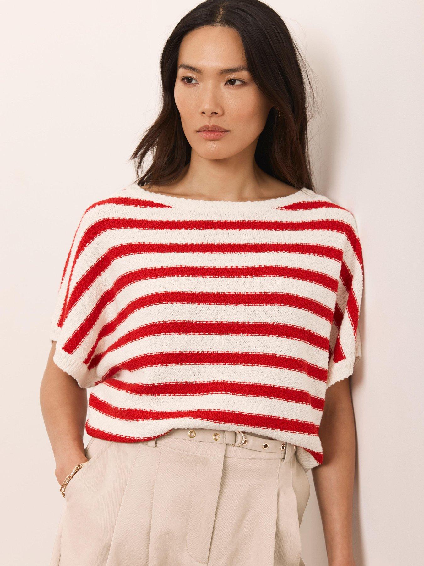  image of mint-velvet-stripe-knit-textured-top-red