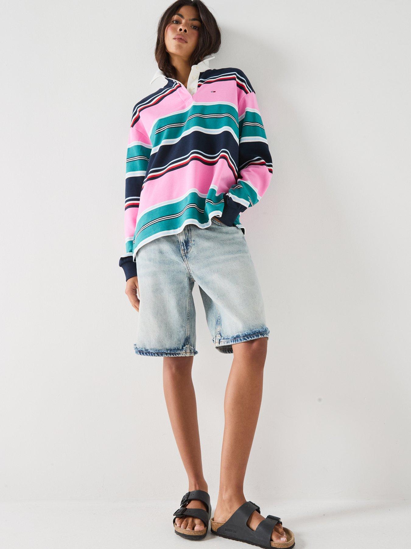 Image 3 of 6 of Tommy Jeans Mixed Stripe Relaxed Rugby Shirt - Pink