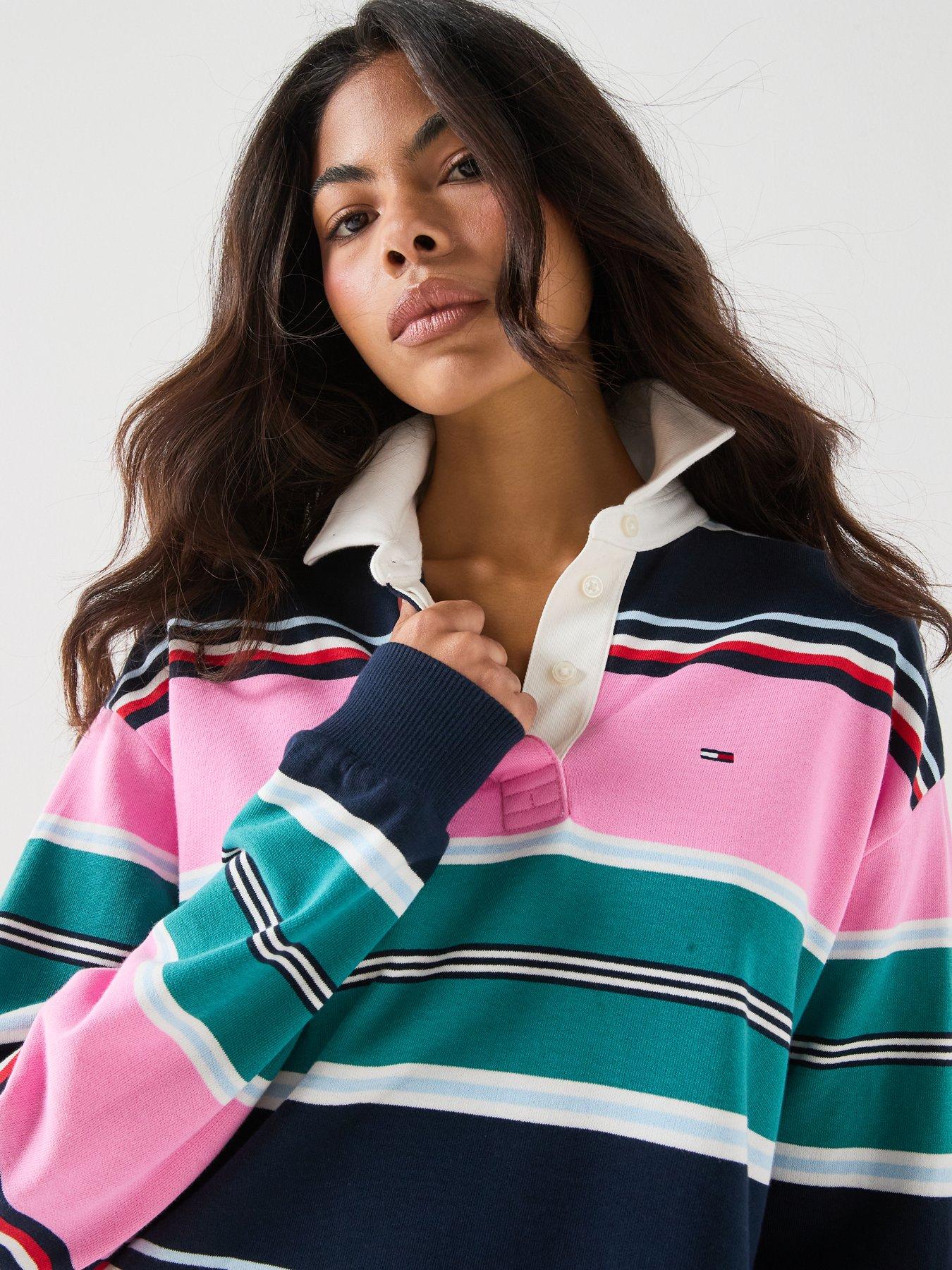 Image 4 of 6 of Tommy Jeans Mixed Stripe Relaxed Rugby Shirt - Pink